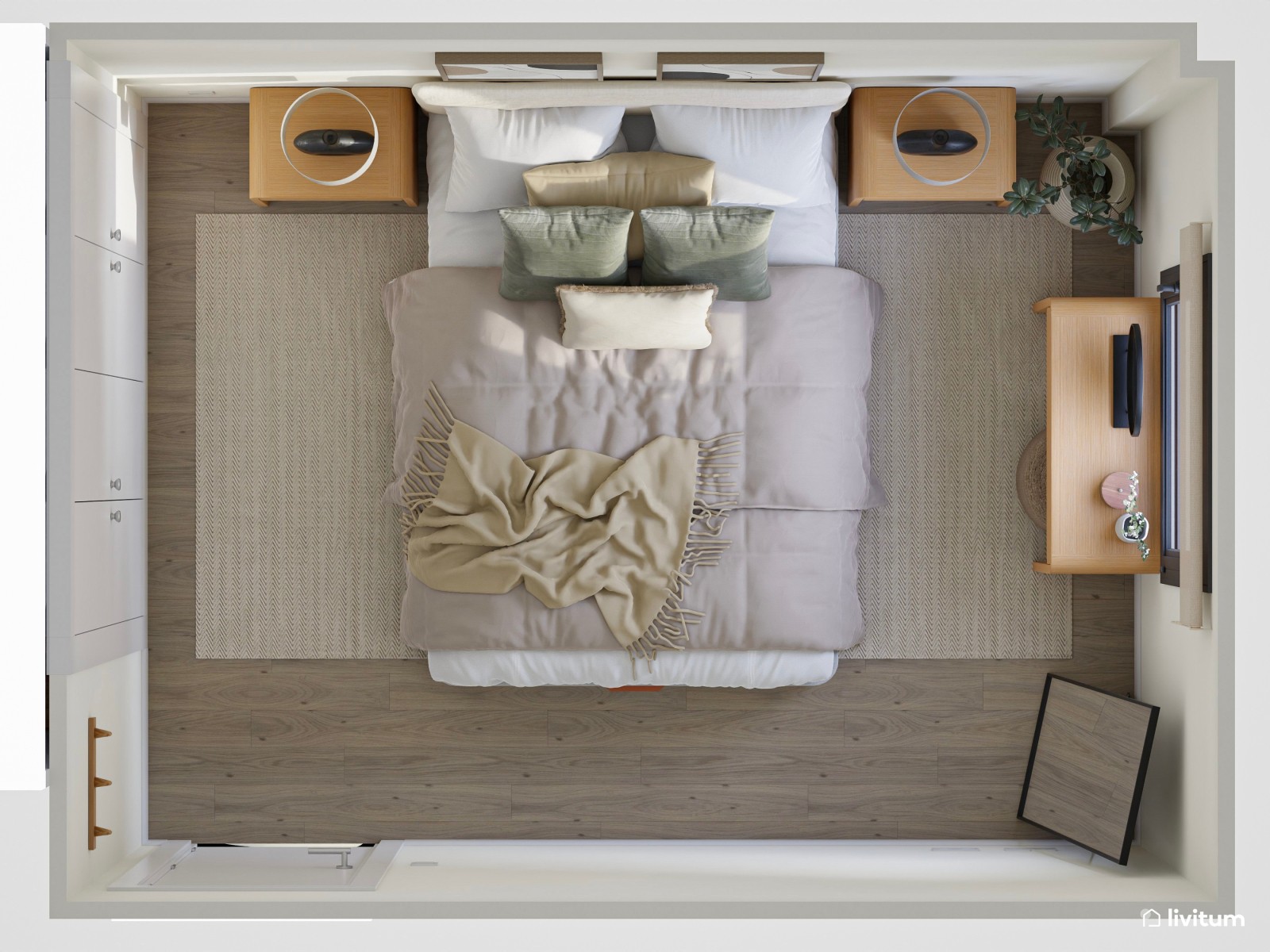 Dormitorio de estilo boho con detalles en negro y tocador luminoso