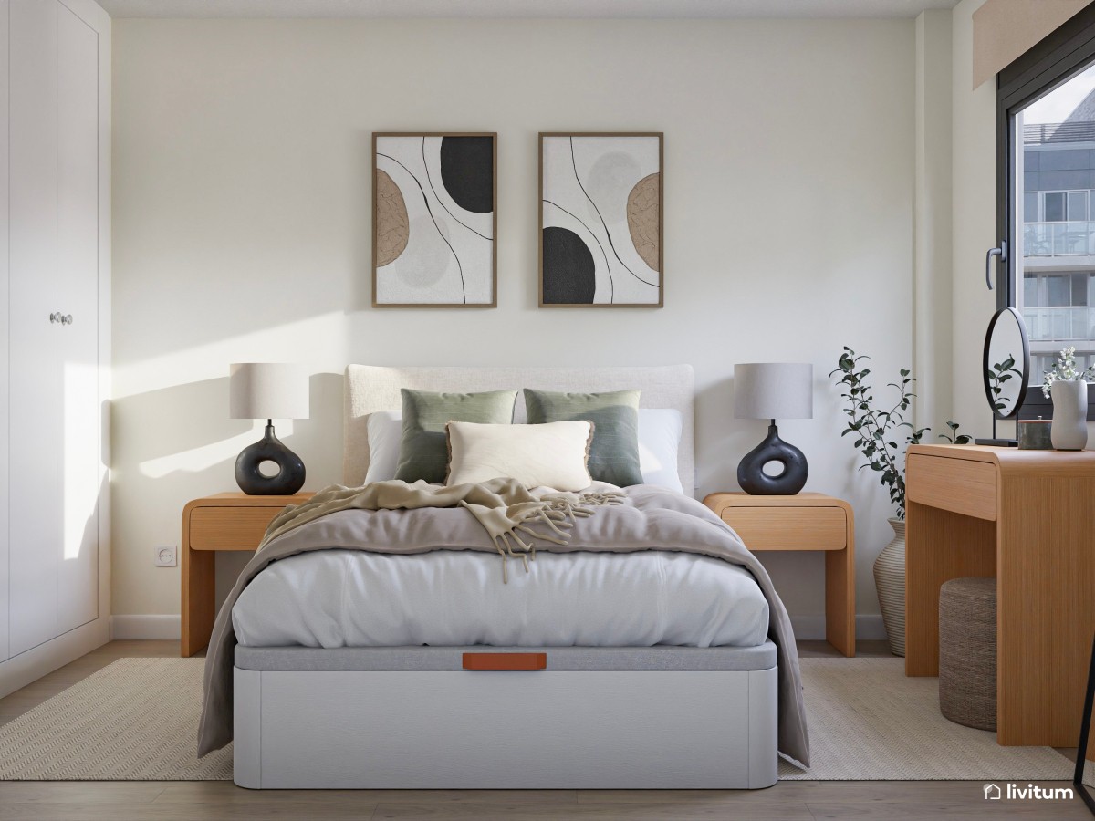 Dormitorio de estilo boho con detalles en negro y tocador luminoso