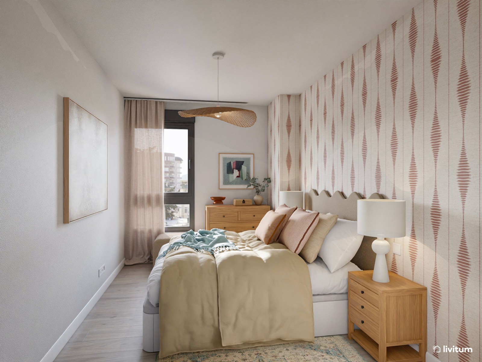Dormitorio de estilo boho con papel pintado estampado