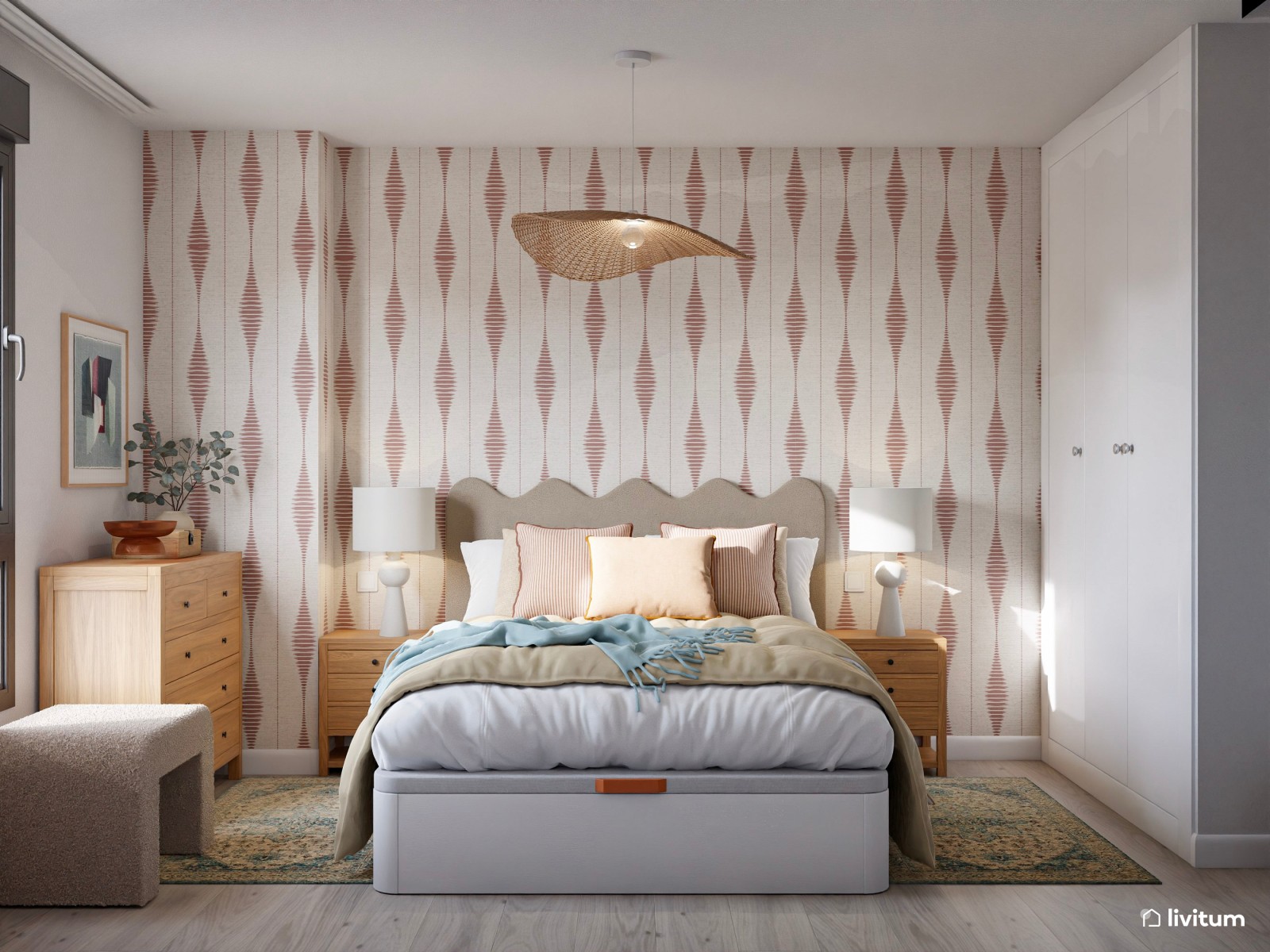 Dormitorio de estilo boho con papel pintado estampado