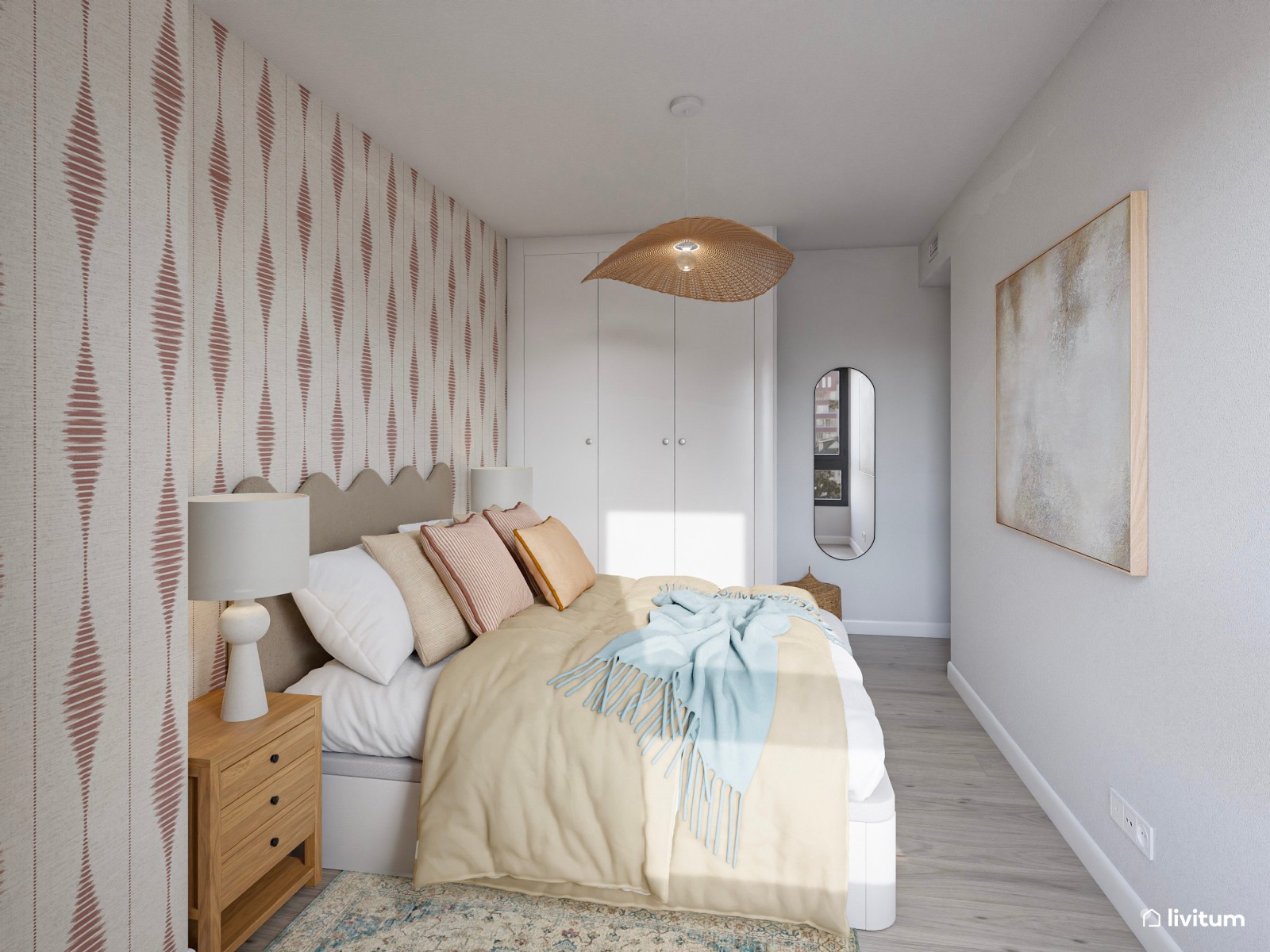 Dormitorio de estilo boho con papel pintado estampado