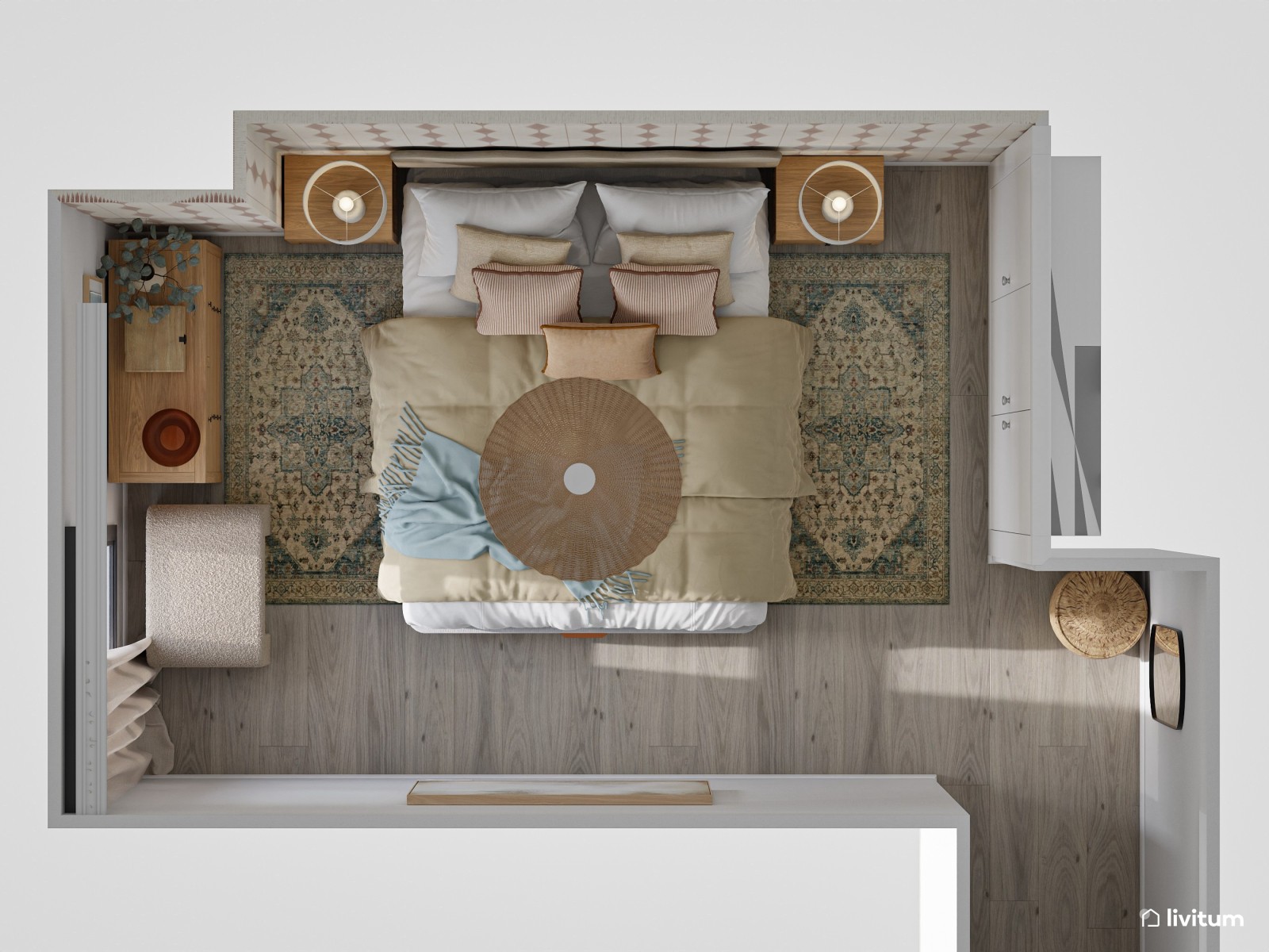 Dormitorio de estilo boho con papel pintado estampado