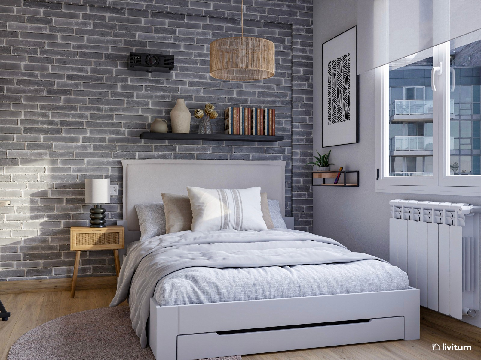 Dormitorio de estilo industrial con pared de ladrillos vistos