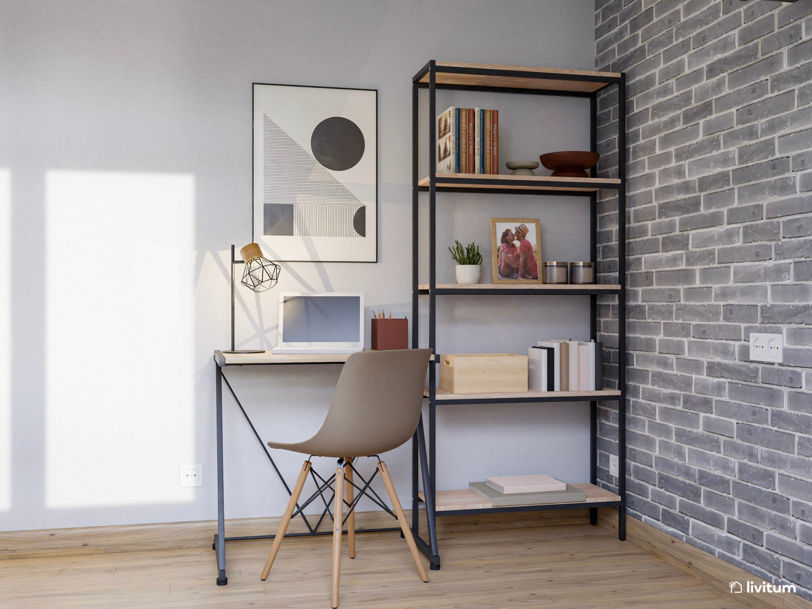 Dormitorio de estilo industrial con pared de ladrillos vistos