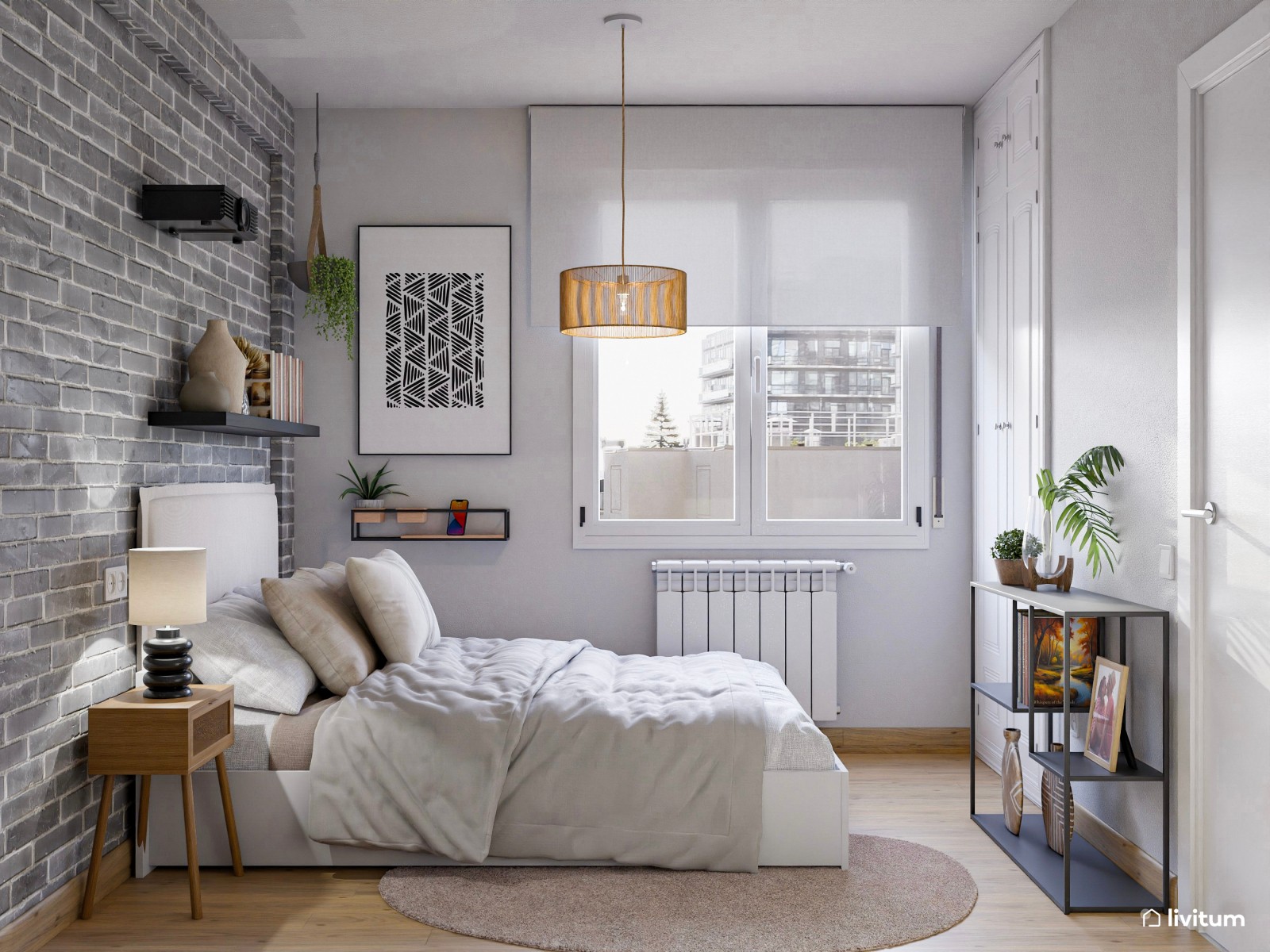Dormitorio de estilo industrial con pared de ladrillos vistos