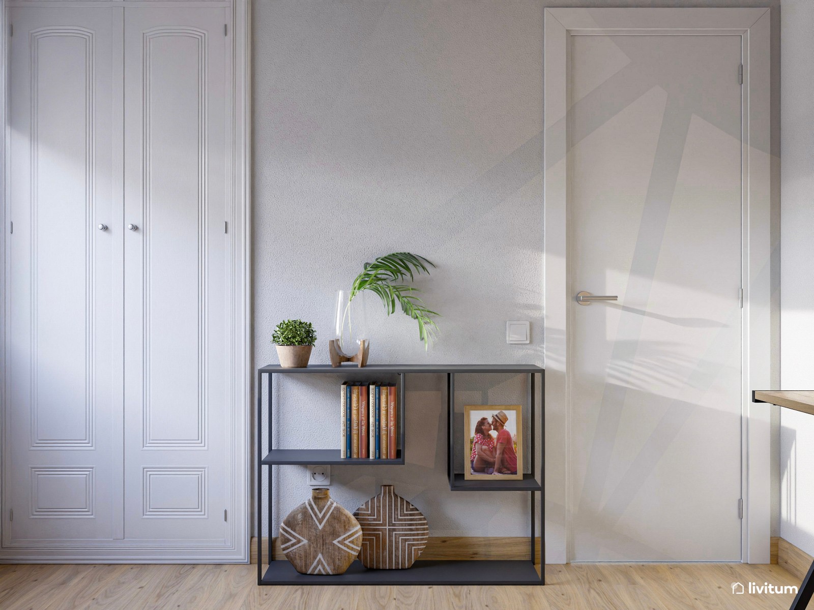 Dormitorio de estilo industrial con pared de ladrillos vistos