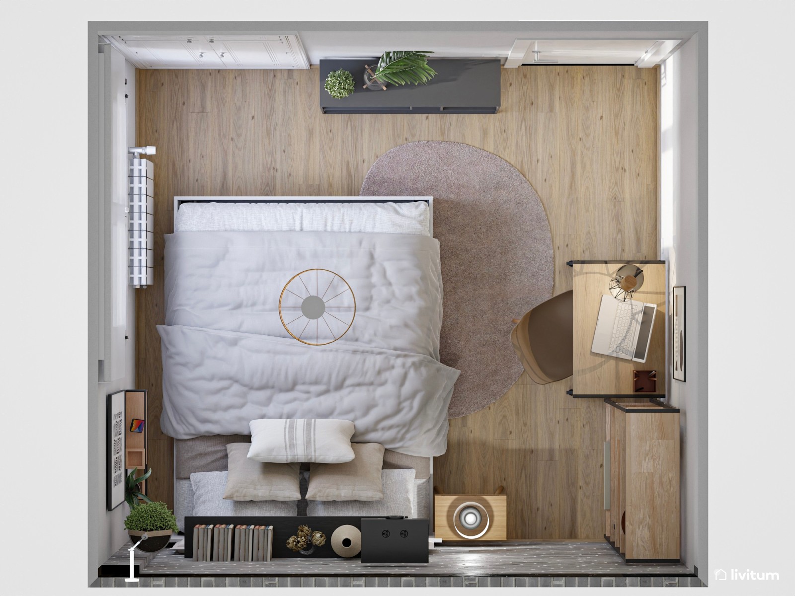 Dormitorio de estilo industrial con pared de ladrillos vistos