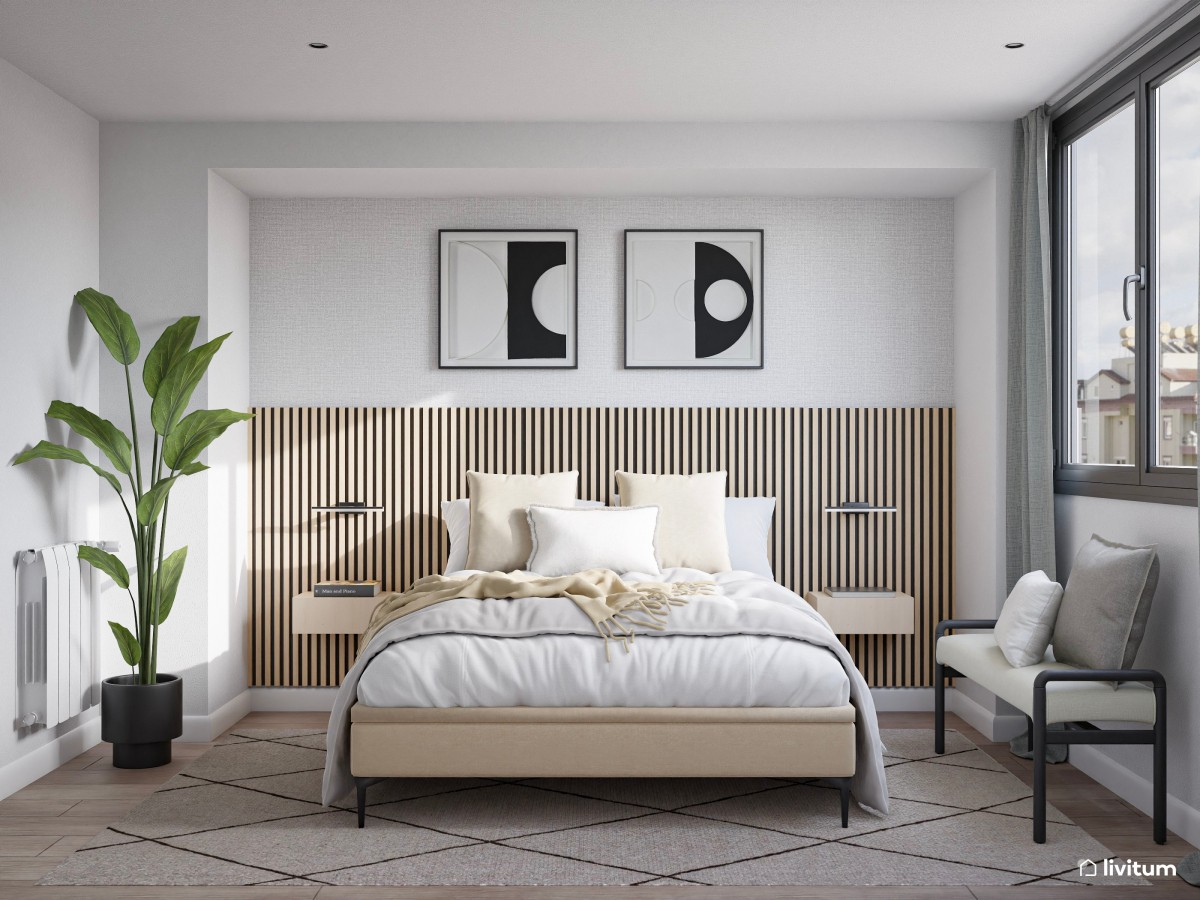 Dormitorio de estilo minimalista con listones de madera