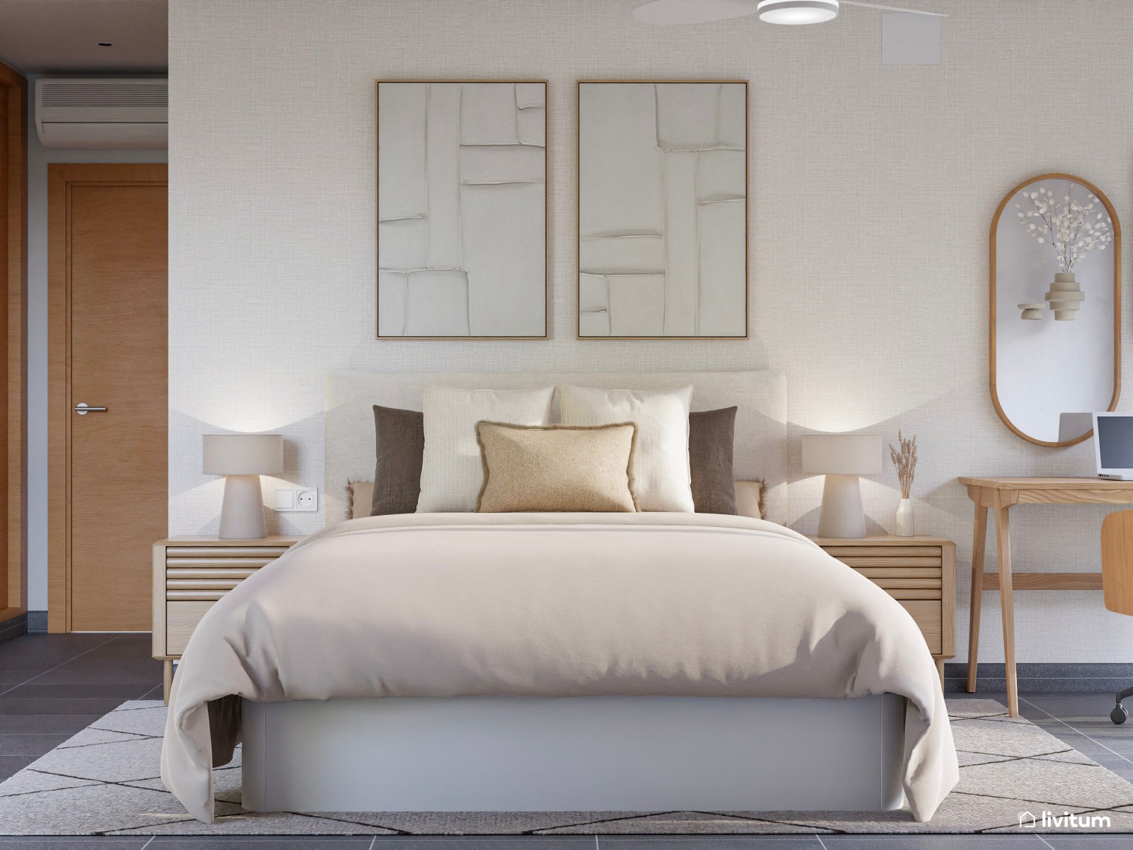 Dormitorio de estilo minimalista con zona de escritorio