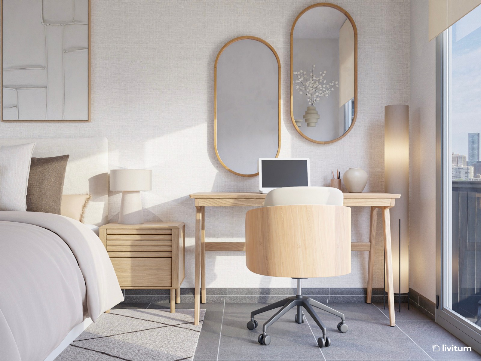 Dormitorio de estilo minimalista con zona de escritorio