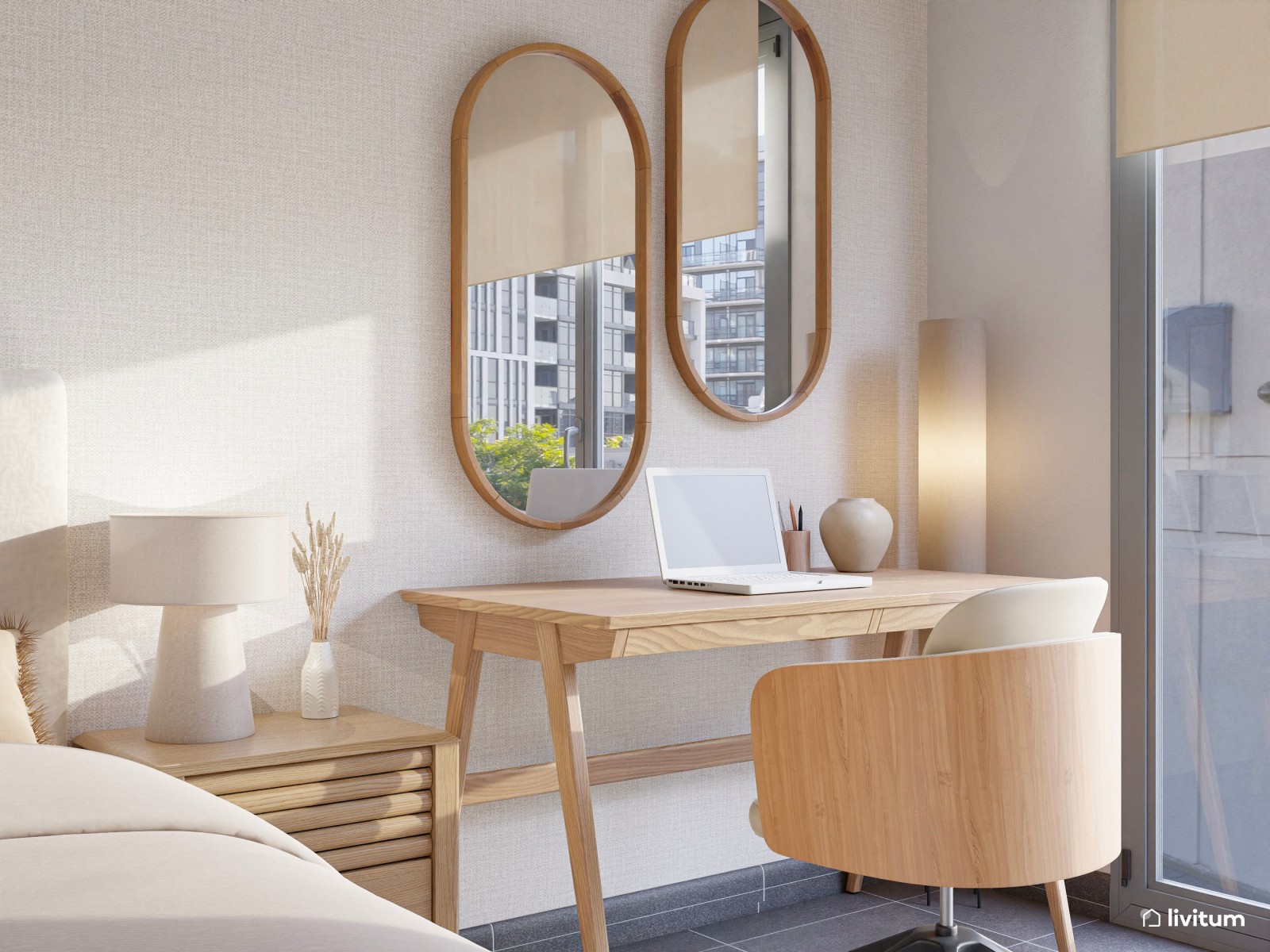 Dormitorio de estilo minimalista con zona de escritorio