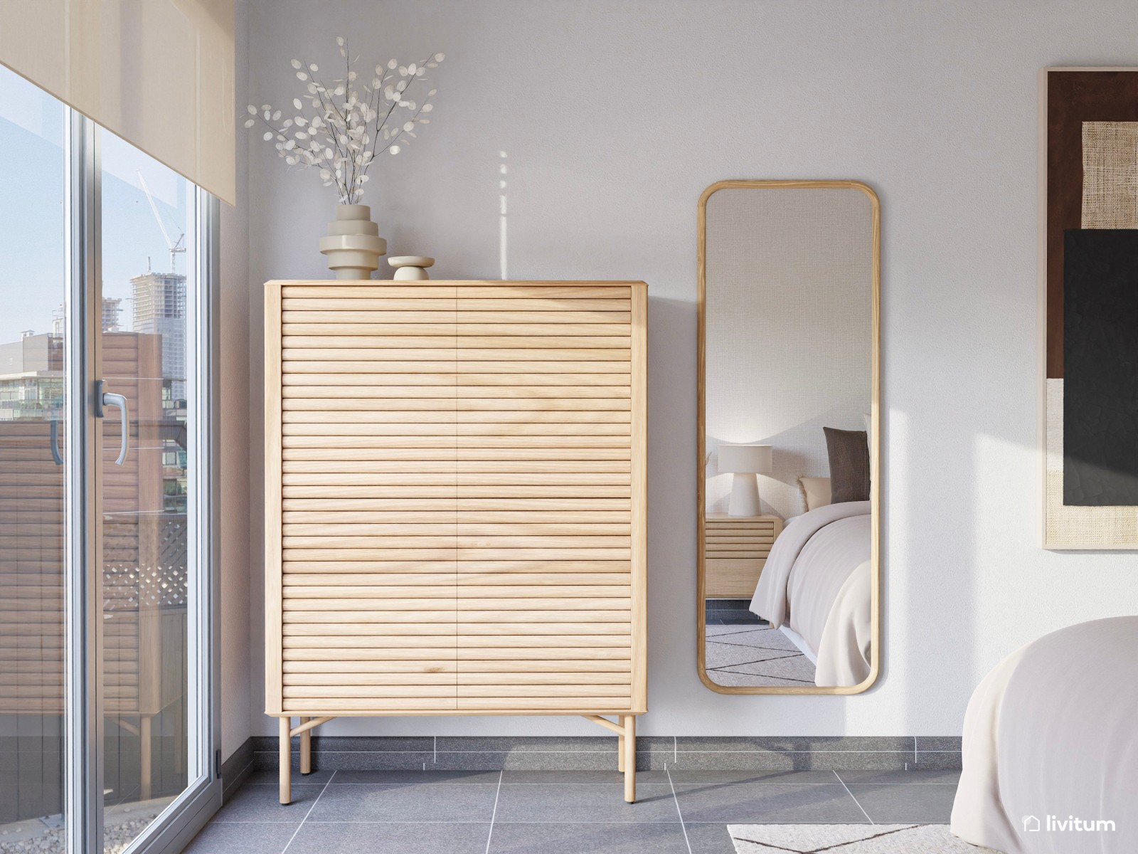 Dormitorio de estilo minimalista con zona de escritorio