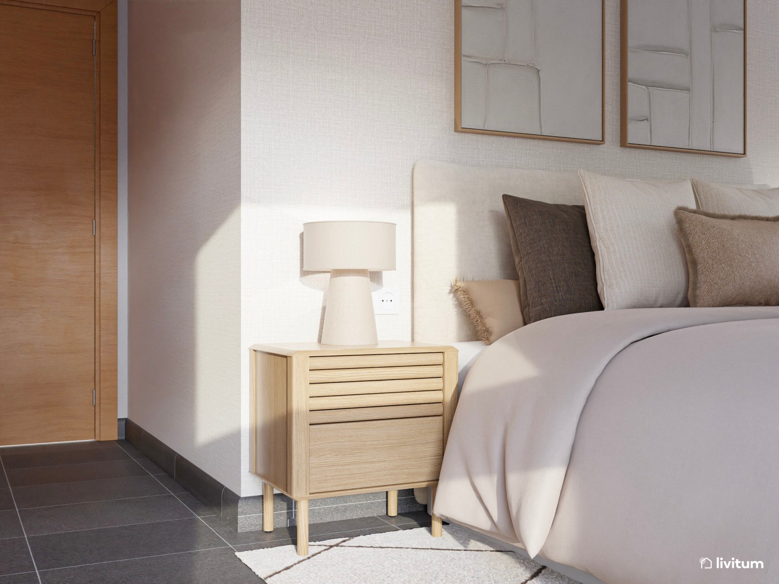 Dormitorio de estilo minimalista con zona de escritorio