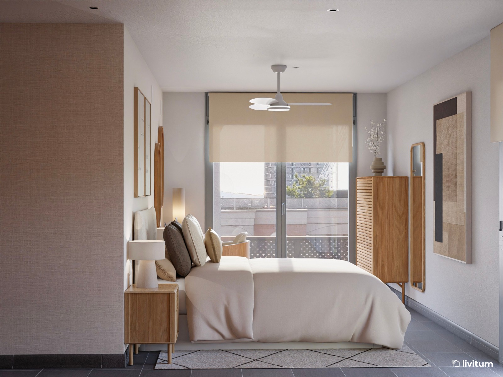 Dormitorio de estilo minimalista con zona de escritorio