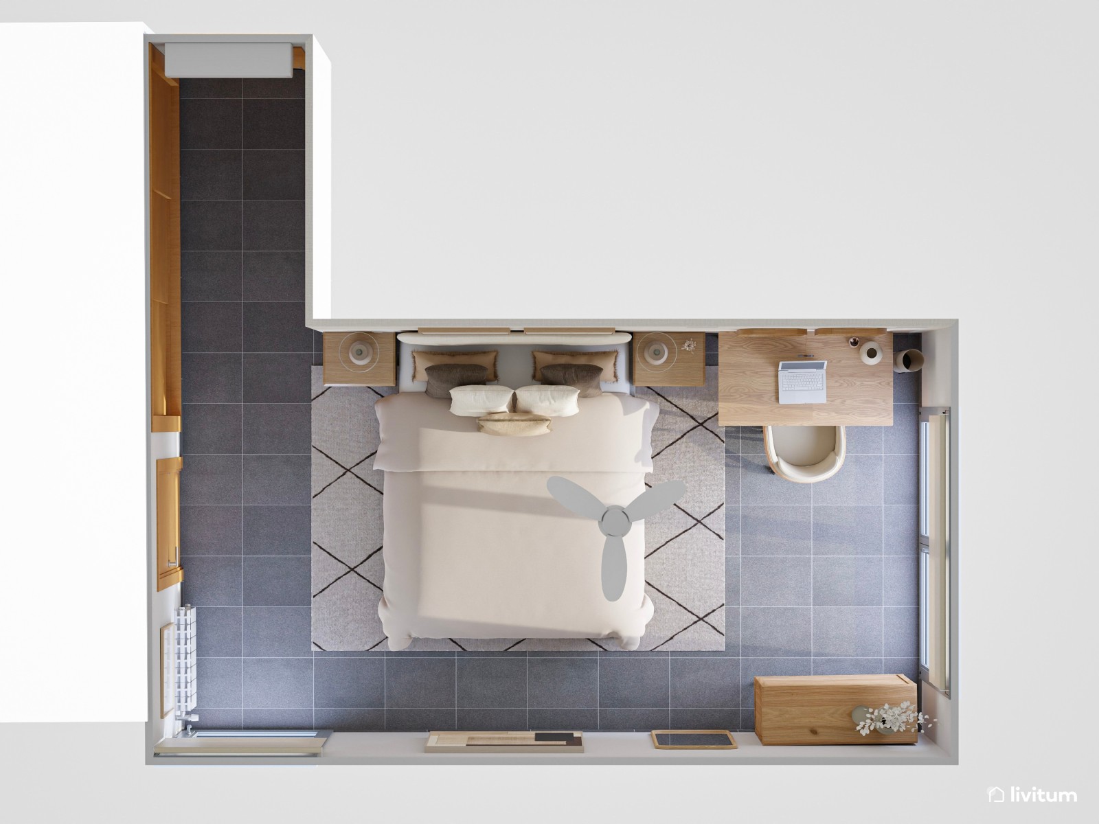 Dormitorio de estilo minimalista con zona de escritorio