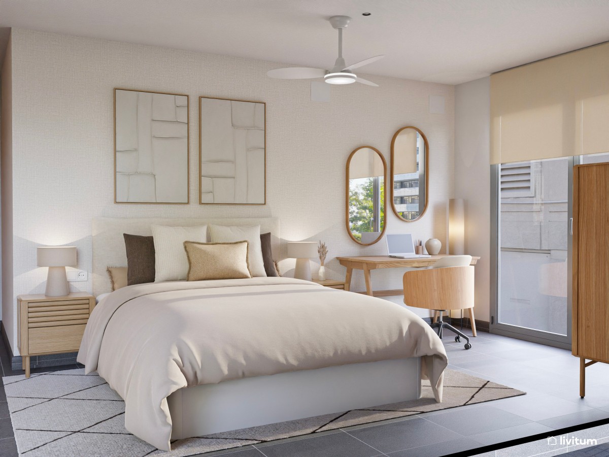 Dormitorio de estilo minimalista con zona de escritorio