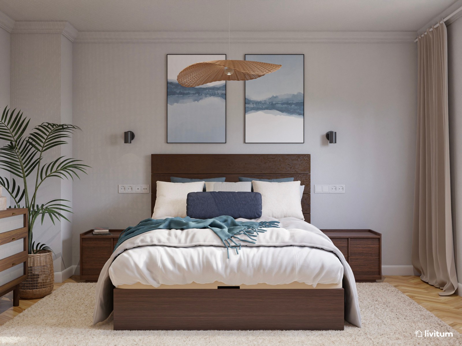 Dormitorio de estilo moderno con muebles de madera oscura