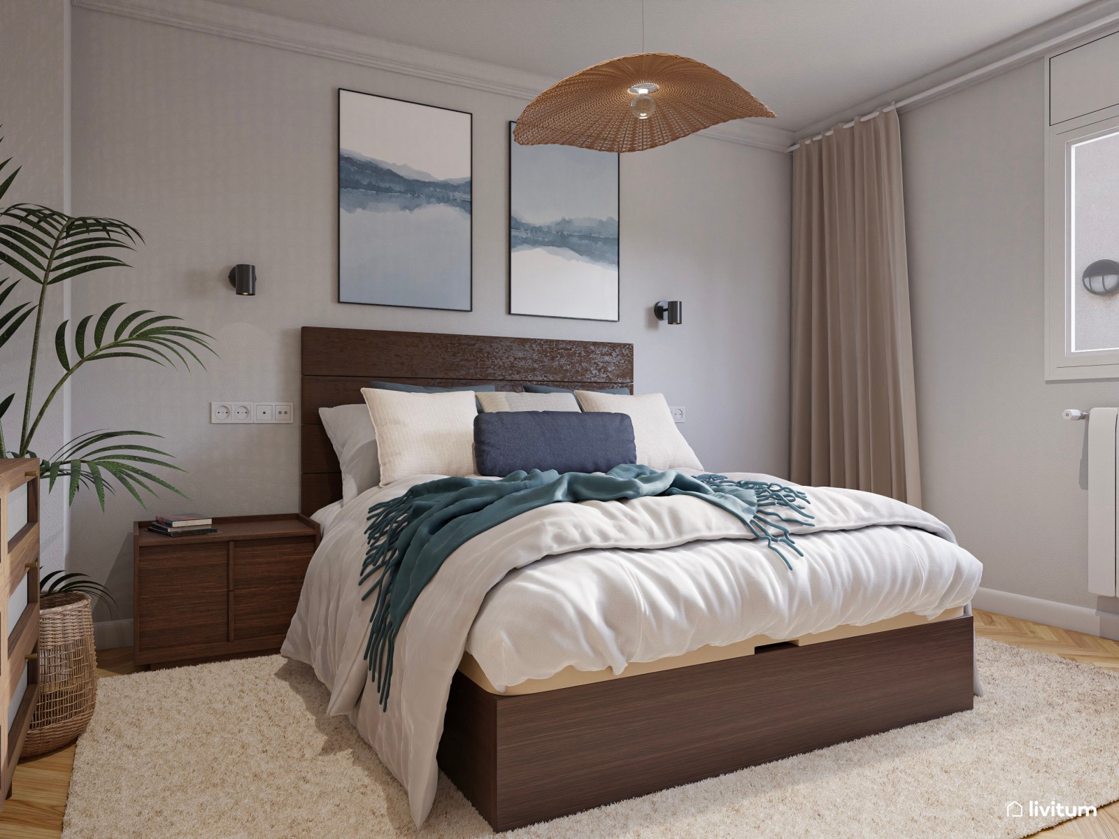 Dormitorio de estilo moderno con muebles de madera oscura