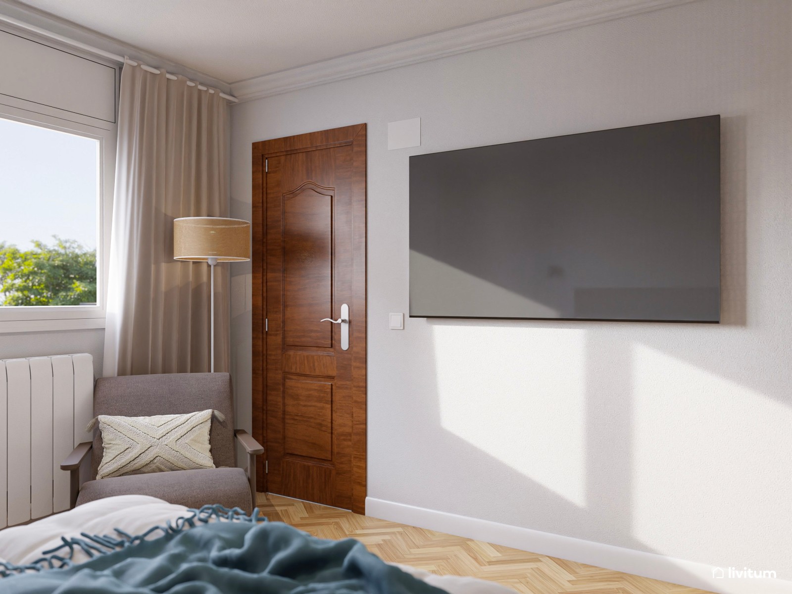 Dormitorio de estilo moderno con muebles de madera oscura