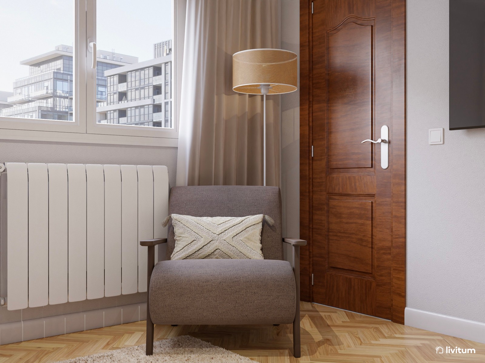 Dormitorio de estilo moderno con muebles de madera oscura