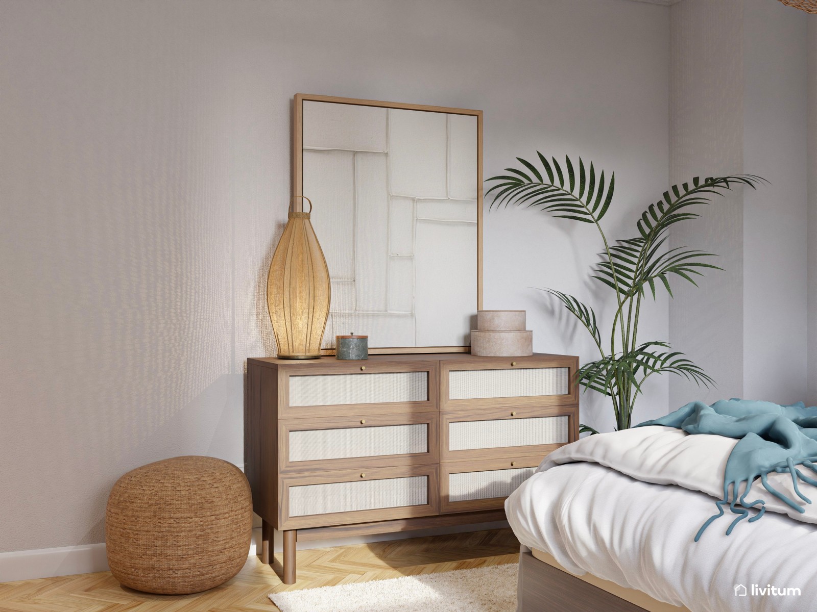 Dormitorio de estilo moderno con muebles de madera oscura