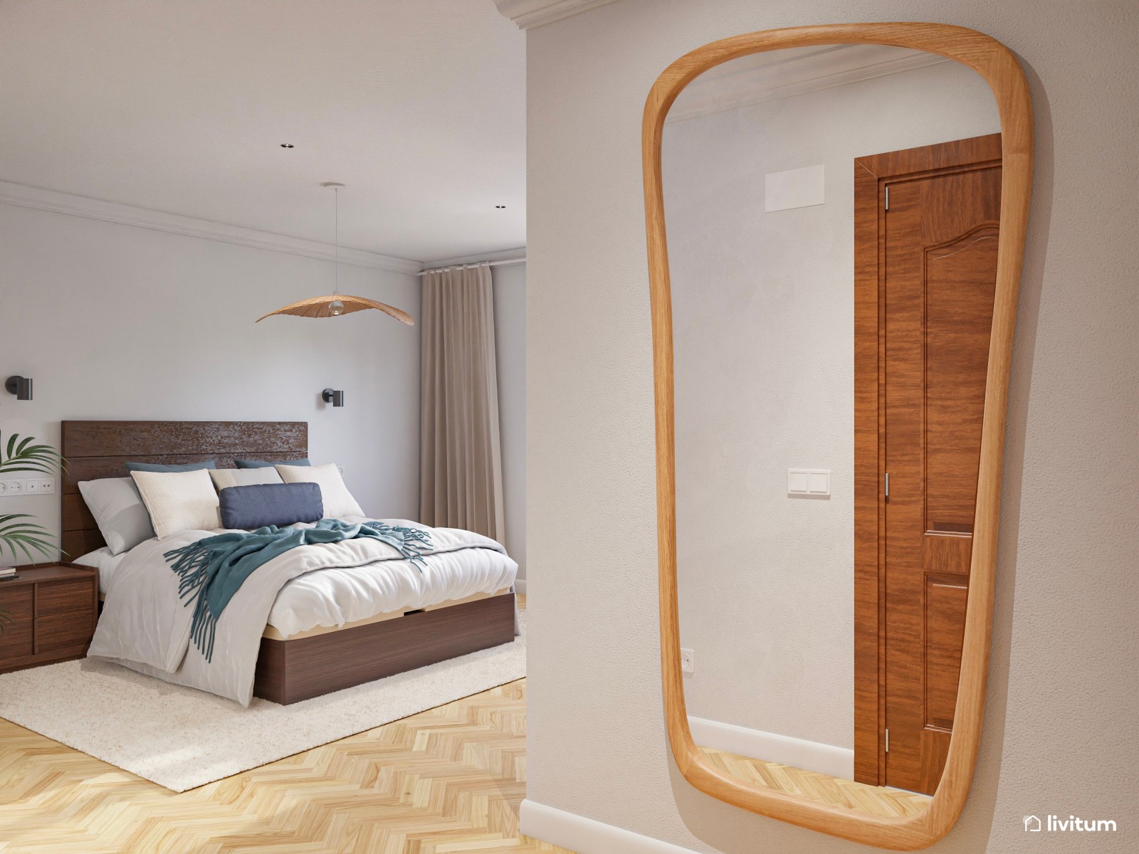 Dormitorio de estilo moderno con muebles de madera oscura