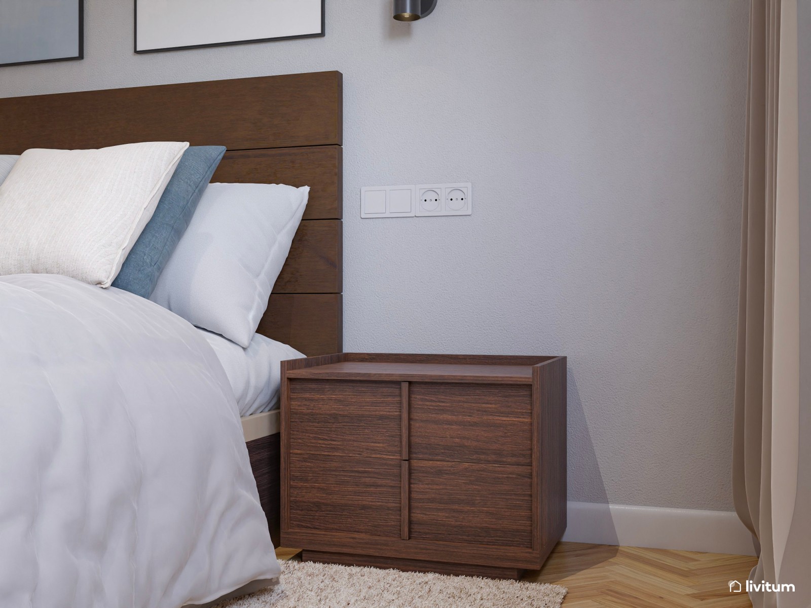 Dormitorio de estilo moderno con muebles de madera oscura
