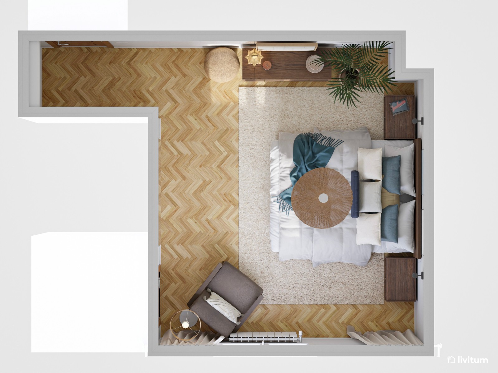 Dormitorio de estilo moderno con muebles de madera oscura