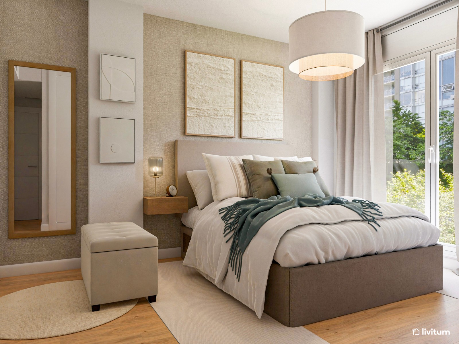 Dormitorio de estilo moderno y elegante con pequeño rincón de vestidor