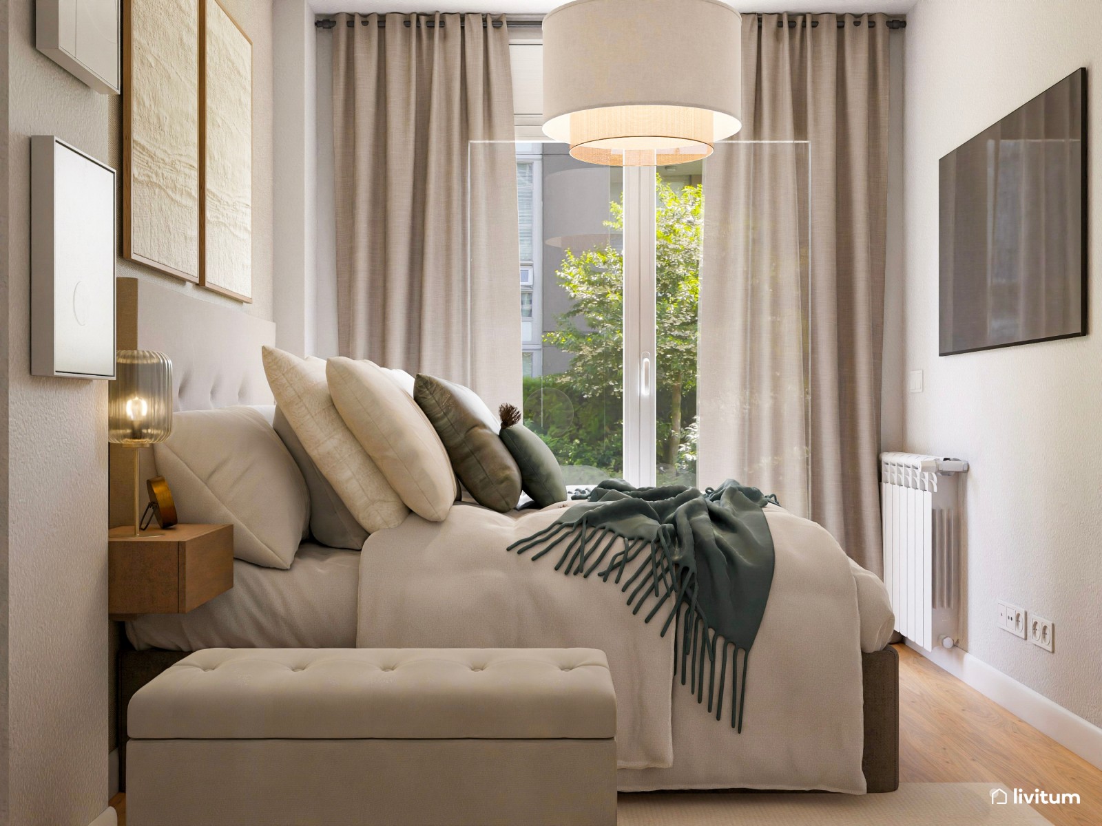 Dormitorio de estilo moderno y elegante con pequeño rincón de vestidor