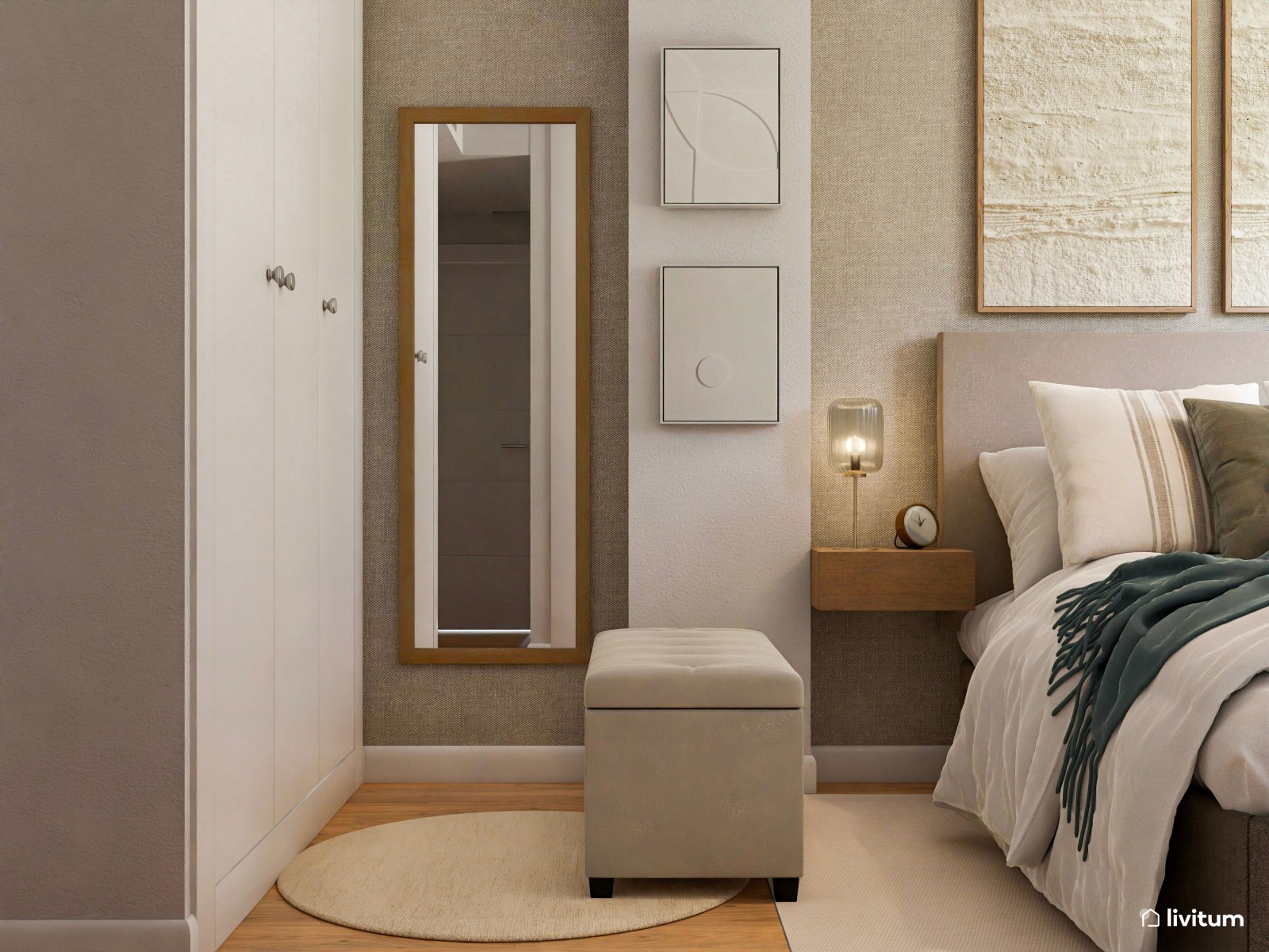 Dormitorio de estilo moderno y elegante con pequeño rincón de vestidor