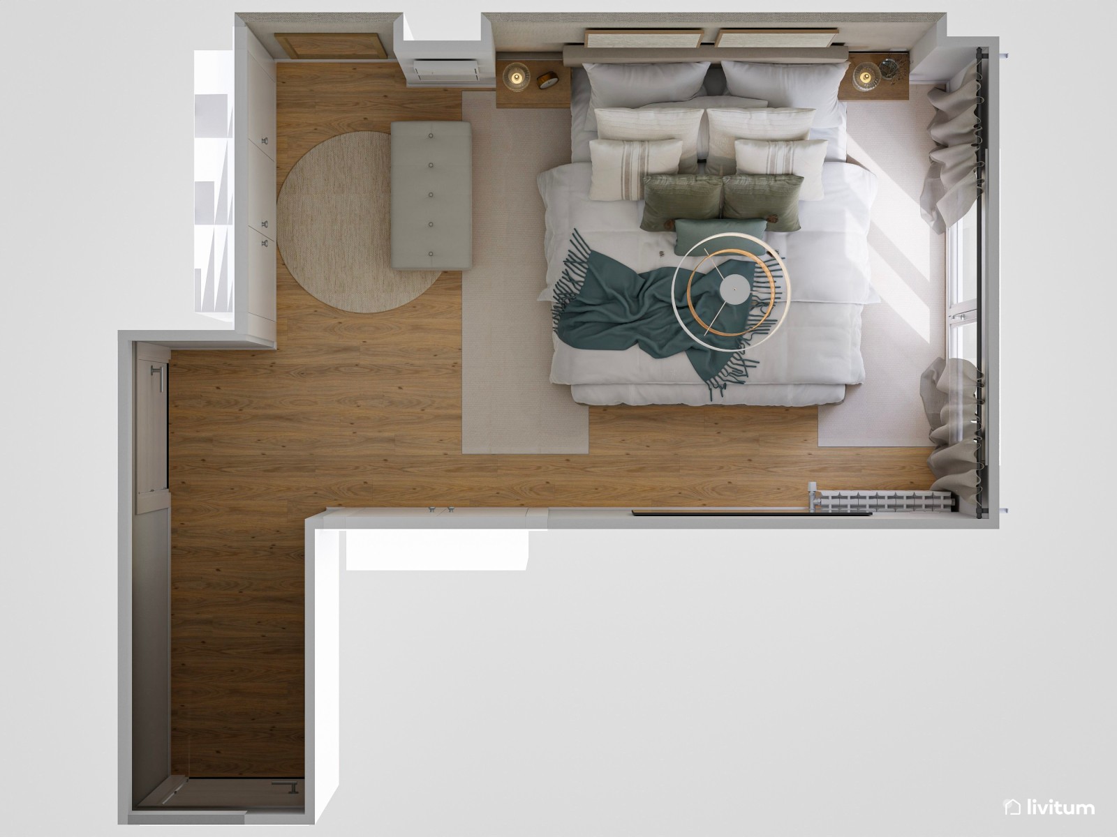 Dormitorio de estilo moderno y elegante con pequeño rincón de vestidor