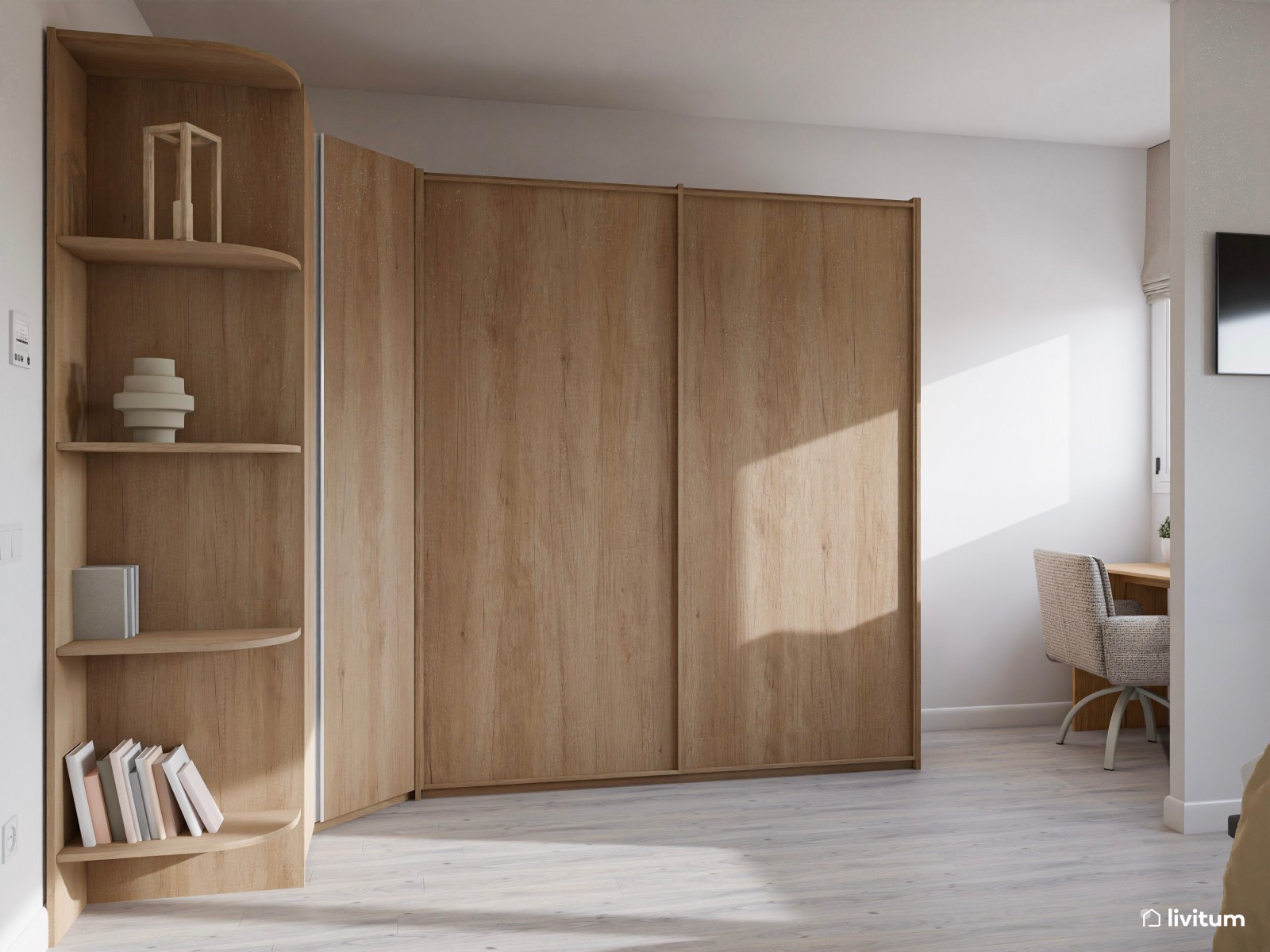 Dormitorio de estilo nórdico con amplio armario y zona de escritorio