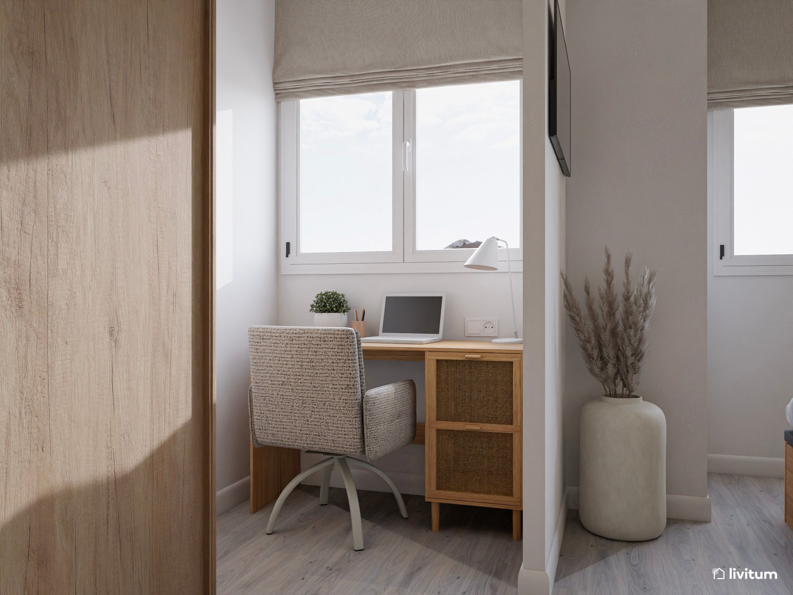Dormitorio de estilo nórdico con amplio armario y zona de escritorio