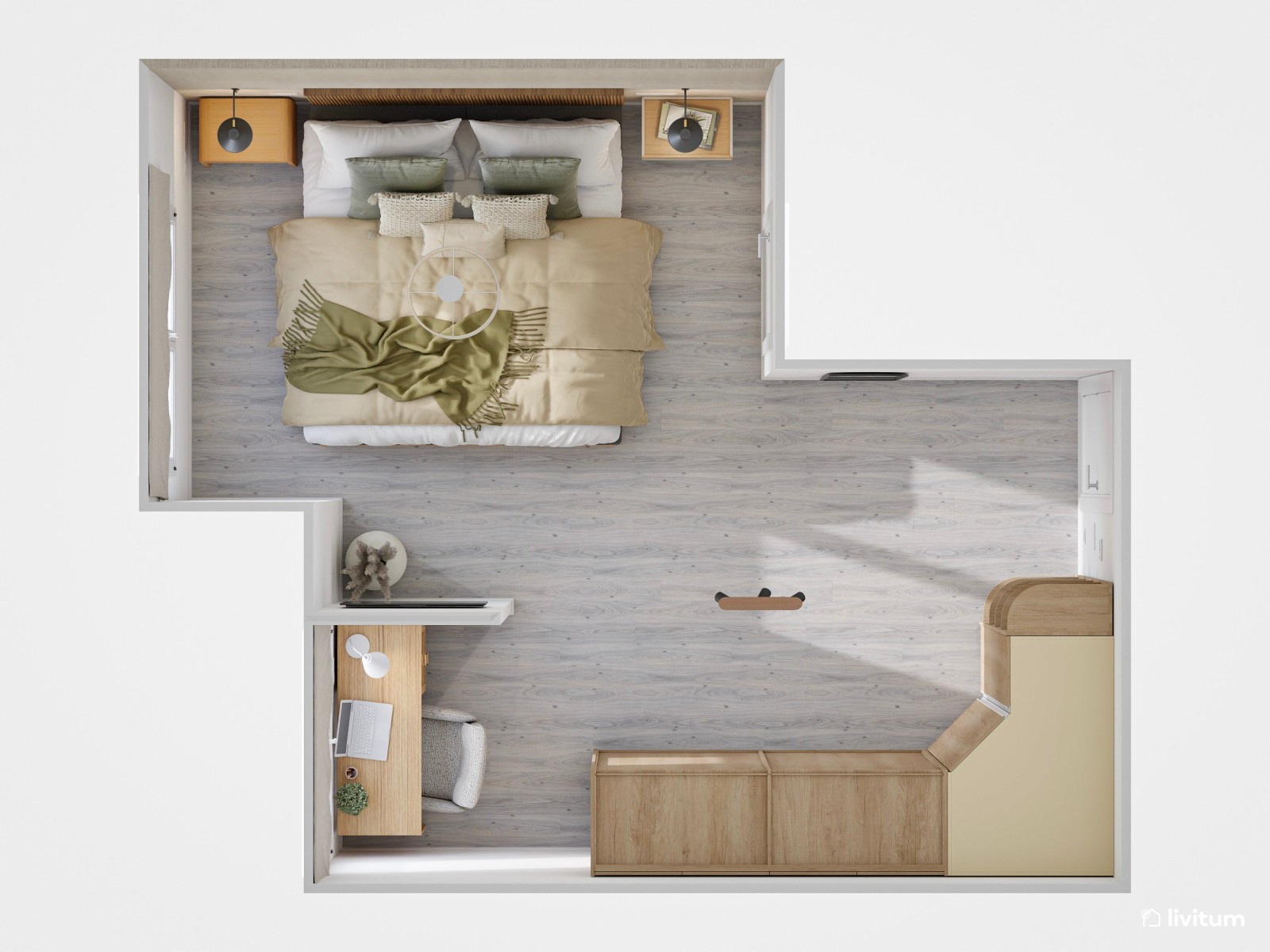 Dormitorio de estilo nórdico con amplio armario y zona de escritorio