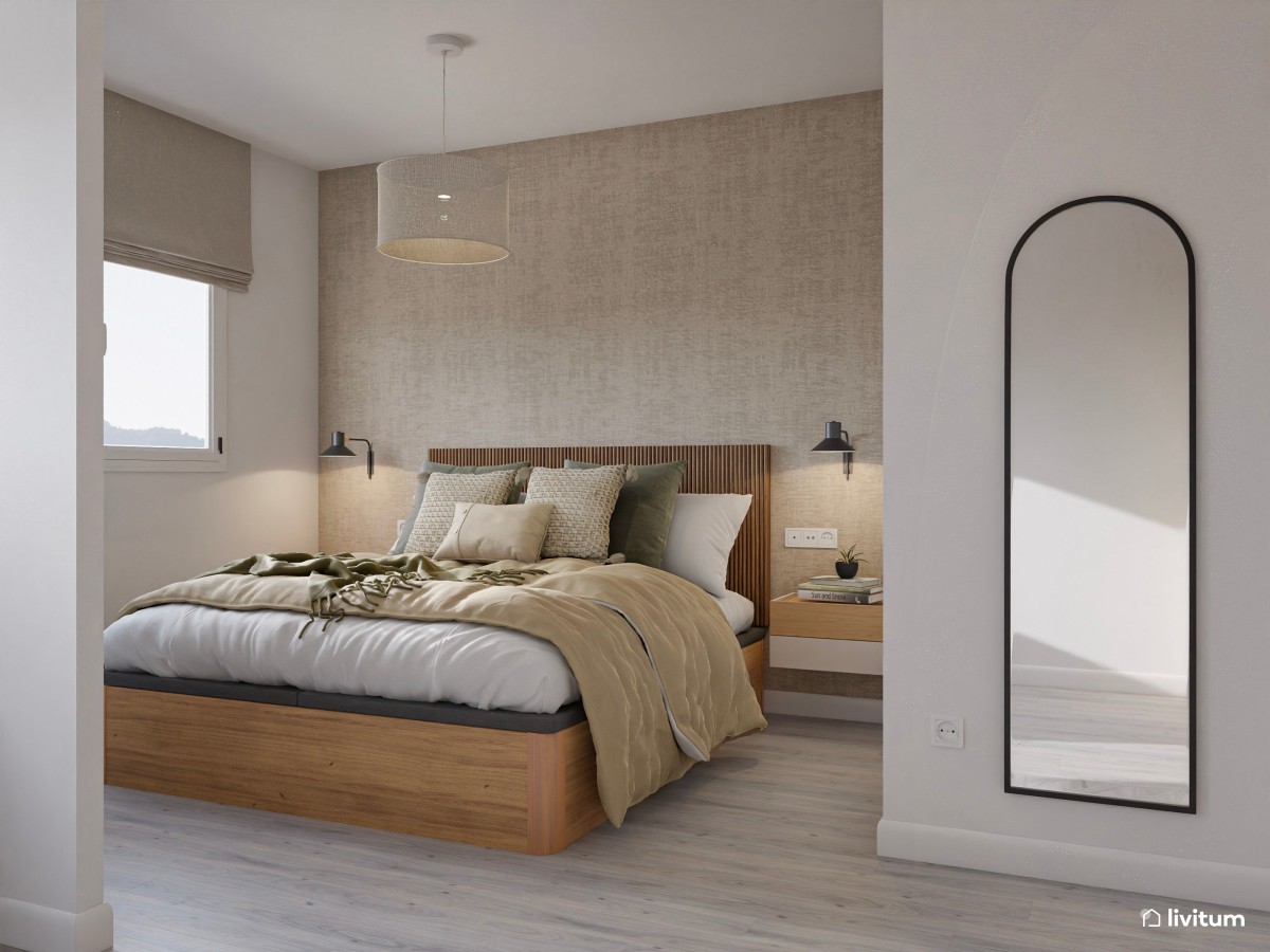 Dormitorio de estilo nórdico con amplio armario y zona de escritorio