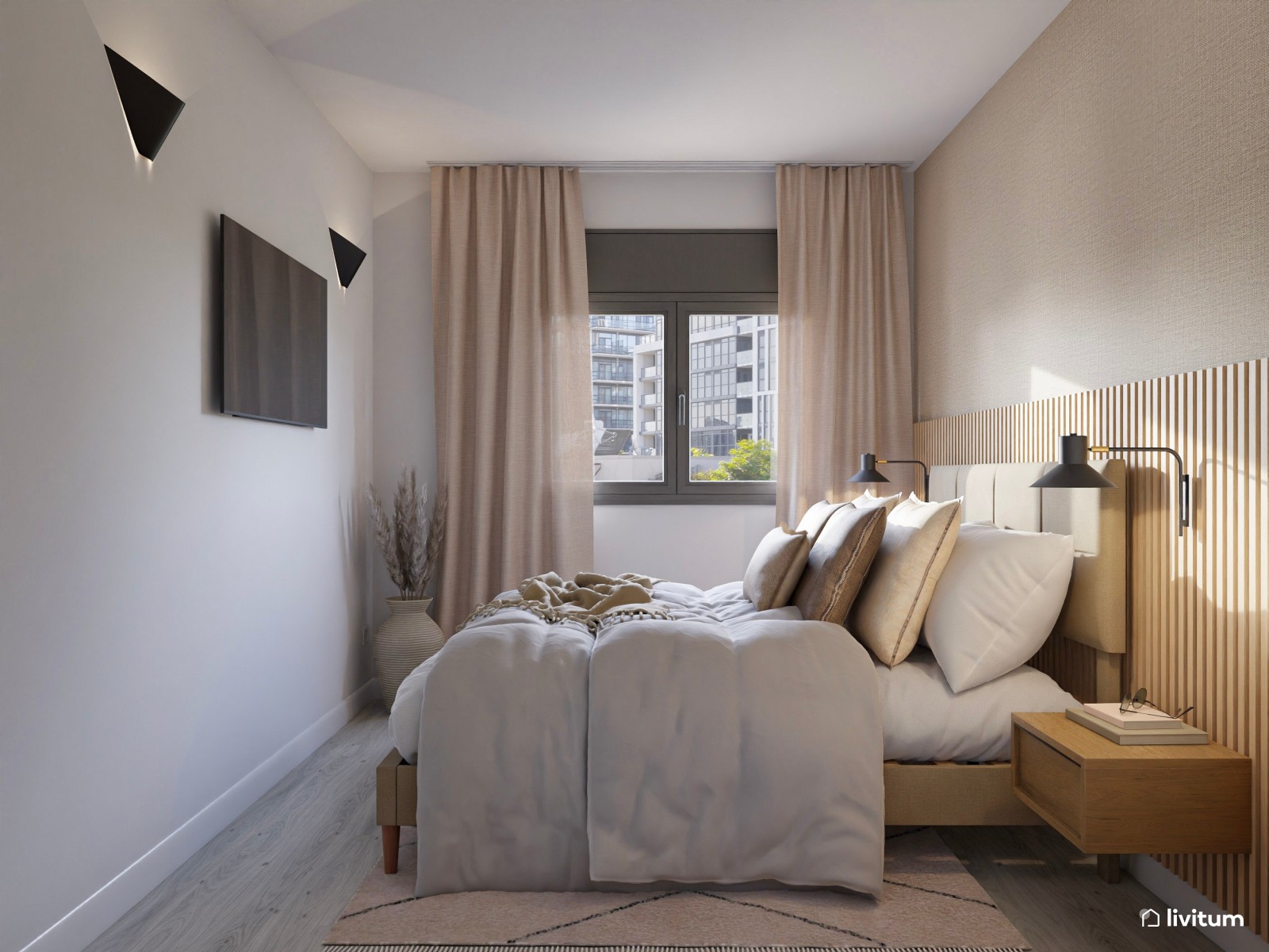 Dormitorio de estilo nórdico con cabecero de listones de madera