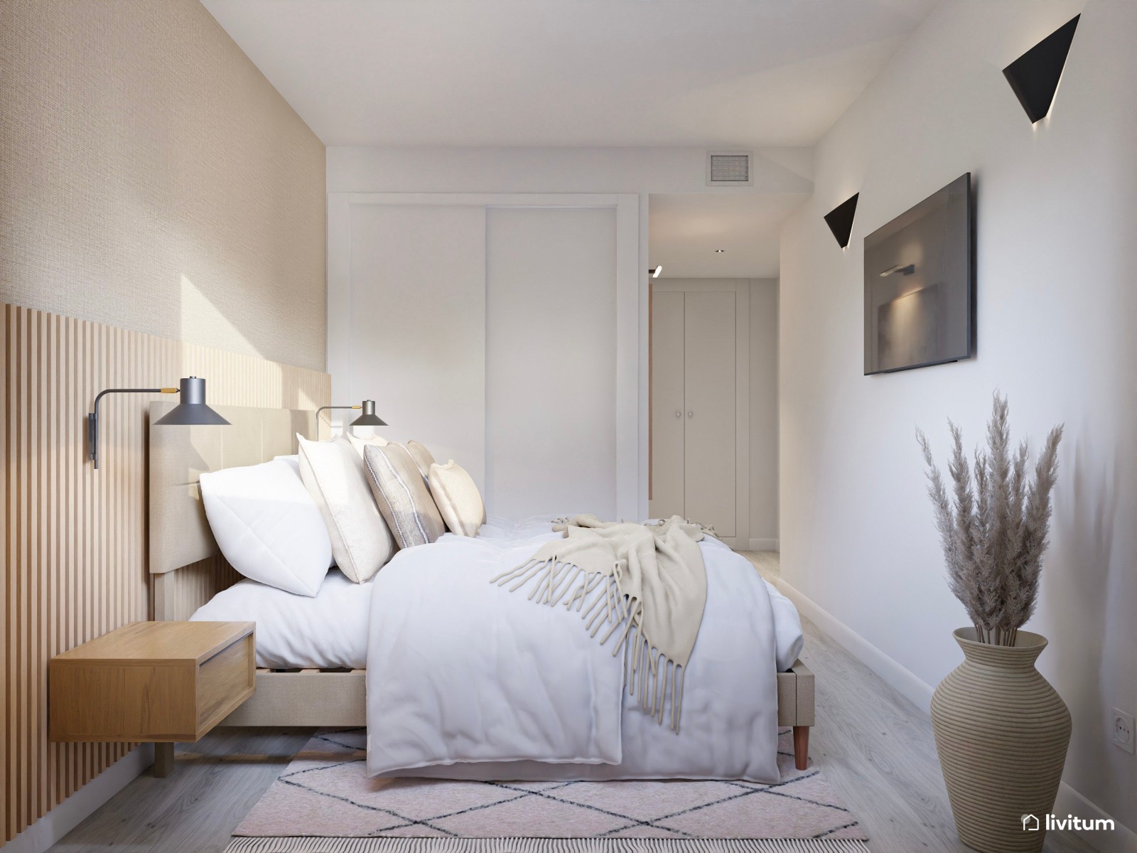 Dormitorio de estilo nórdico con cabecero de listones de madera