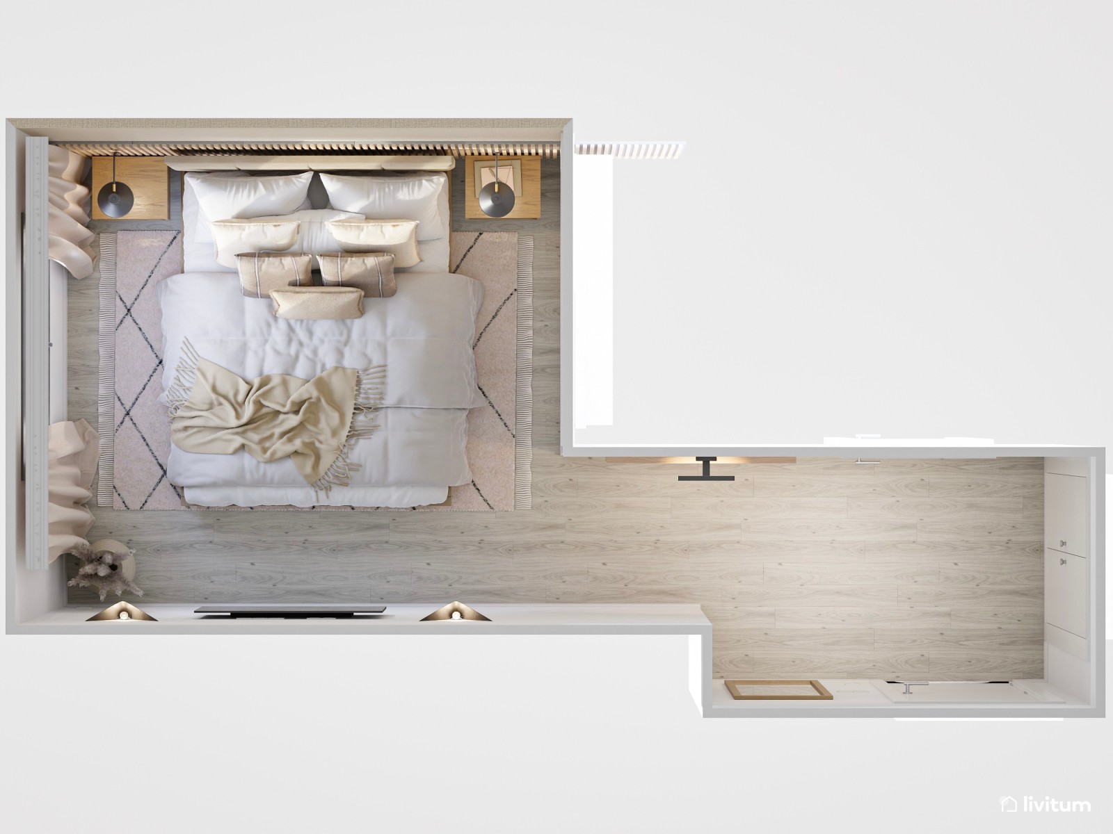 Dormitorio de estilo nórdico con cabecero de listones de madera
