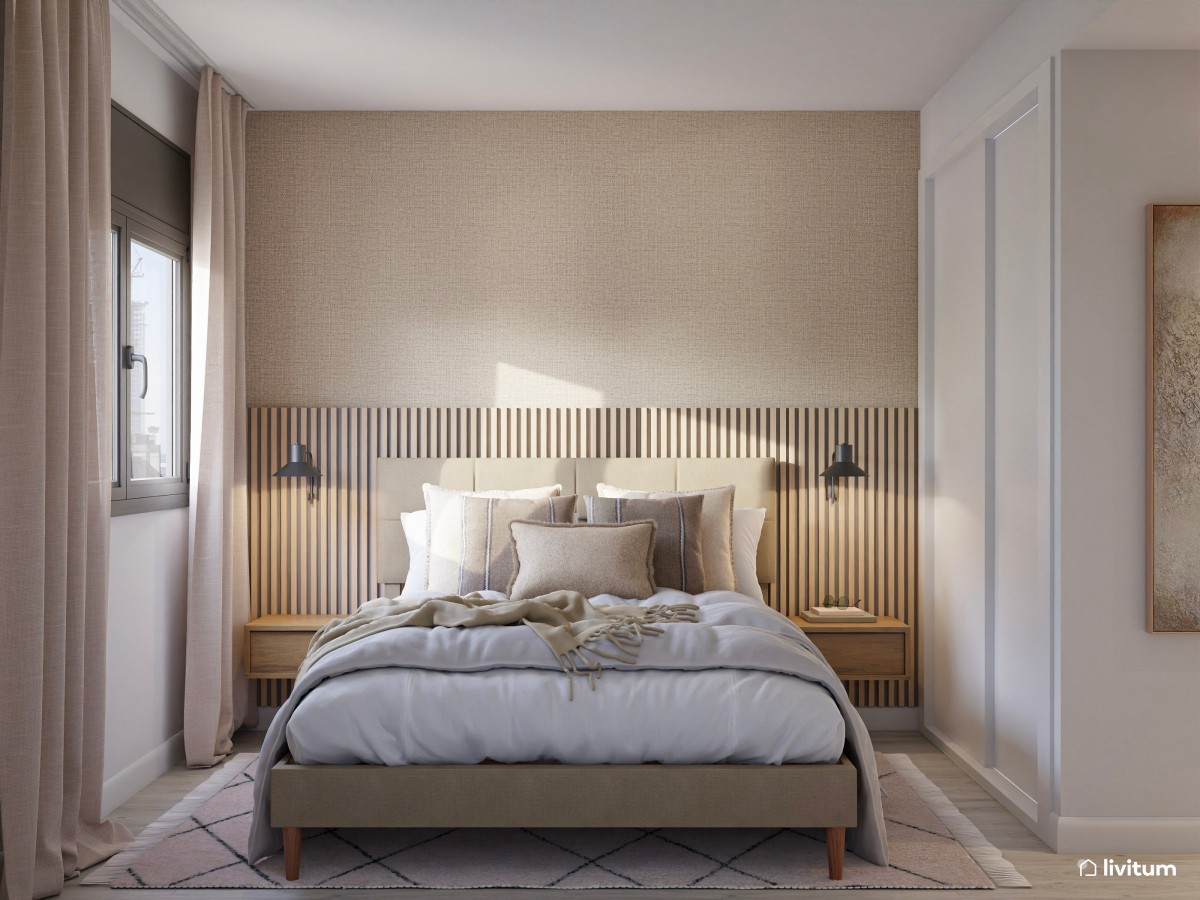 Dormitorio de estilo nórdico con cabecero de listones de madera