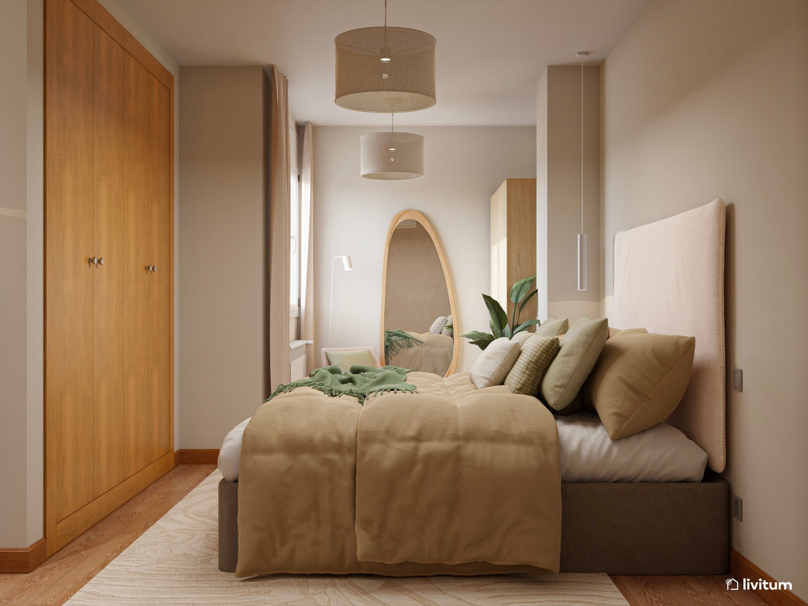 Dormitorio de estilo nórdico con cabecero XL y zona de lectura