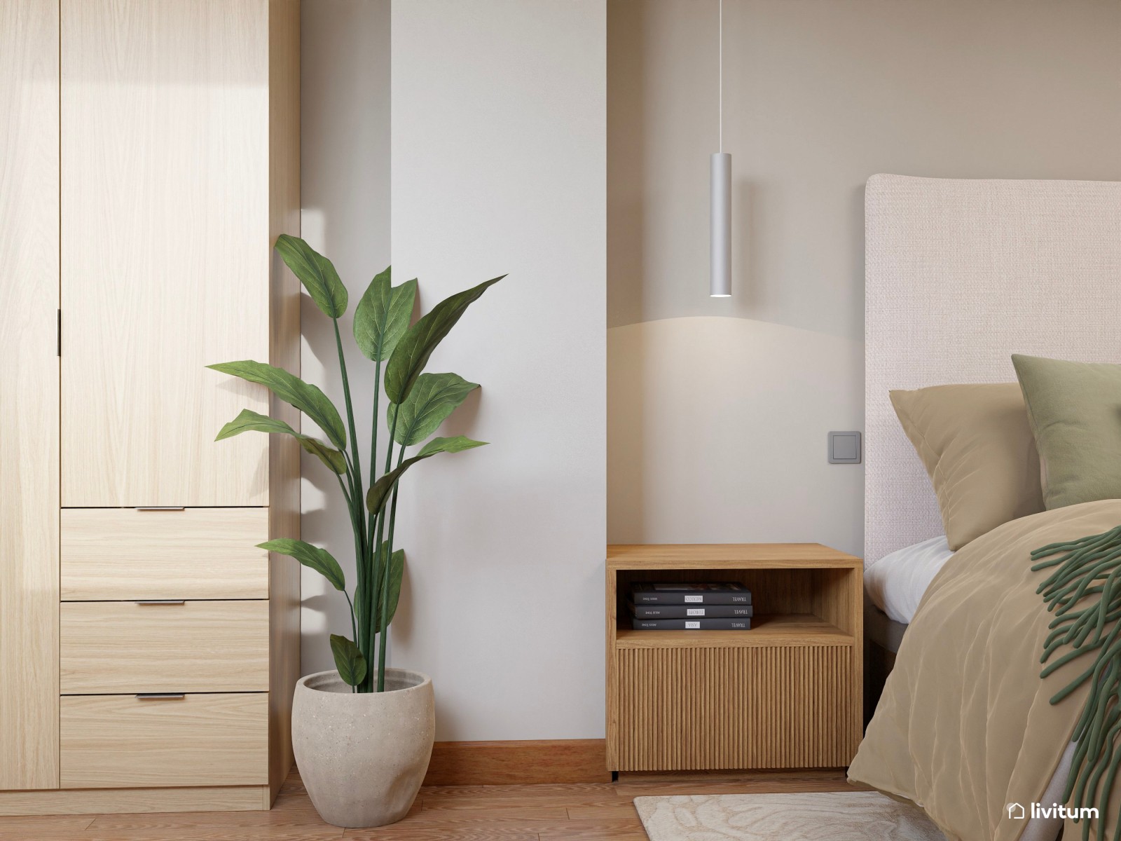 Dormitorio de estilo nórdico con cabecero XL y zona de lectura