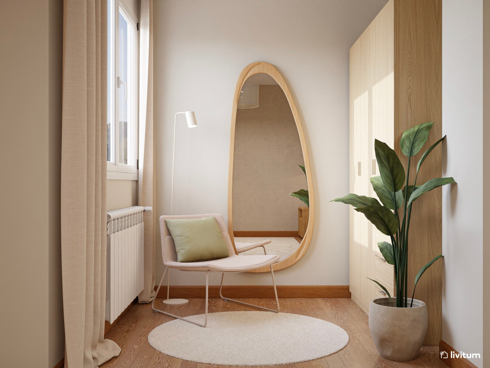 Dormitorio de estilo nórdico con cabecero XL y zona de lectura