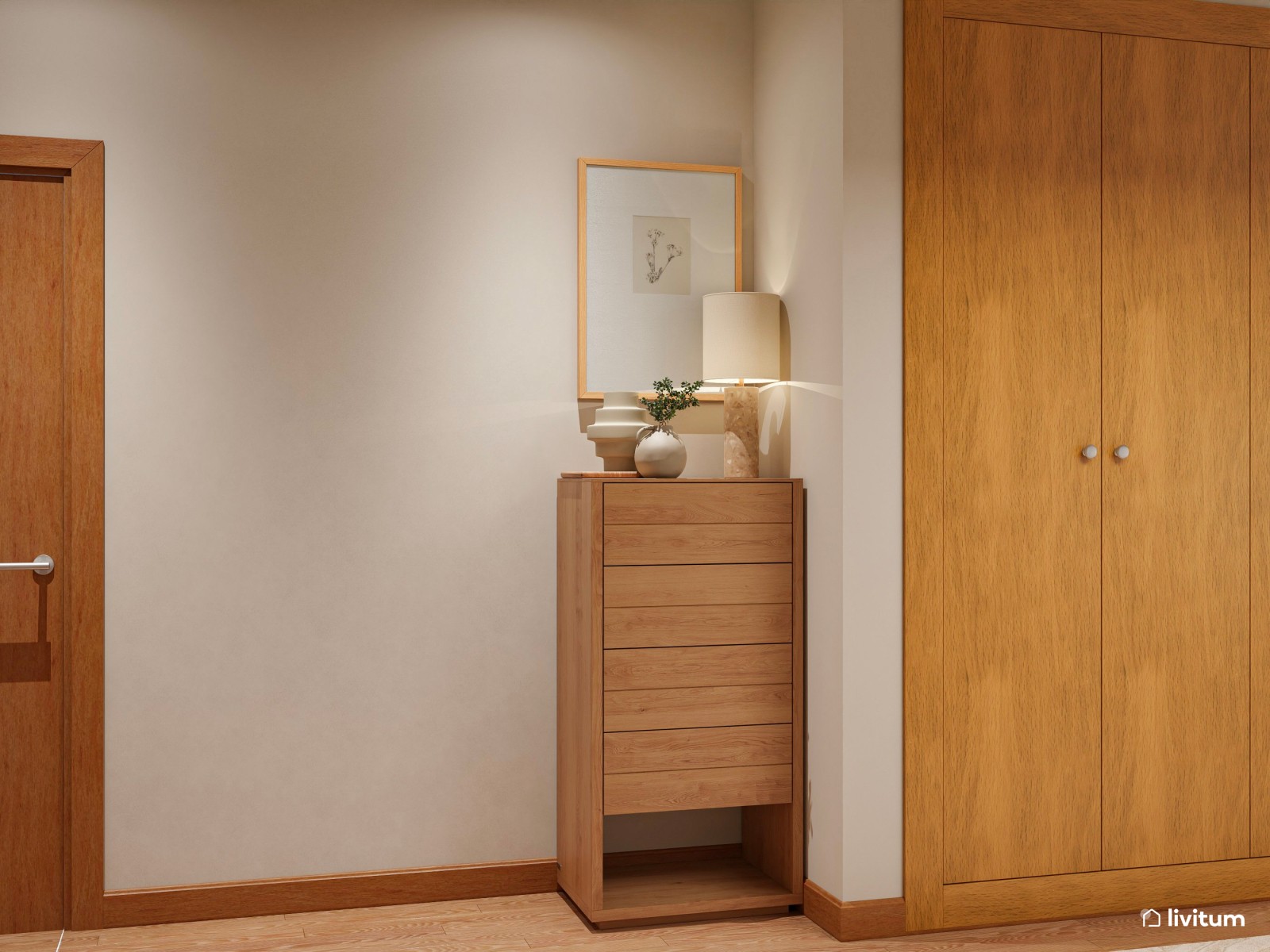 Dormitorio de estilo nórdico con cabecero XL y zona de lectura