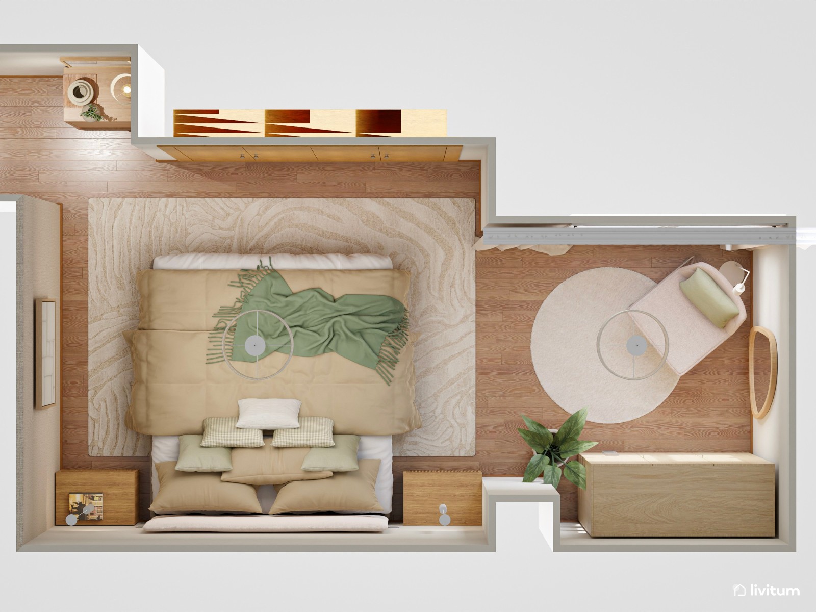 Dormitorio de estilo nórdico con cabecero XL y zona de lectura