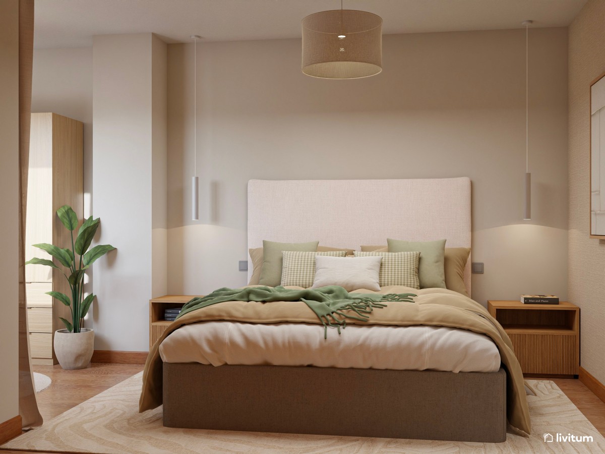 Dormitorio de estilo nórdico con cabecero XL y zona de lectura