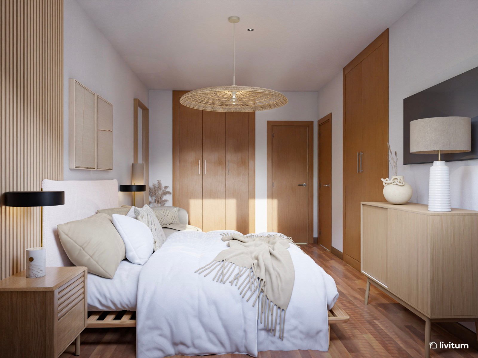 Dormitorio de estilo nórdico con listones de madera y butaca