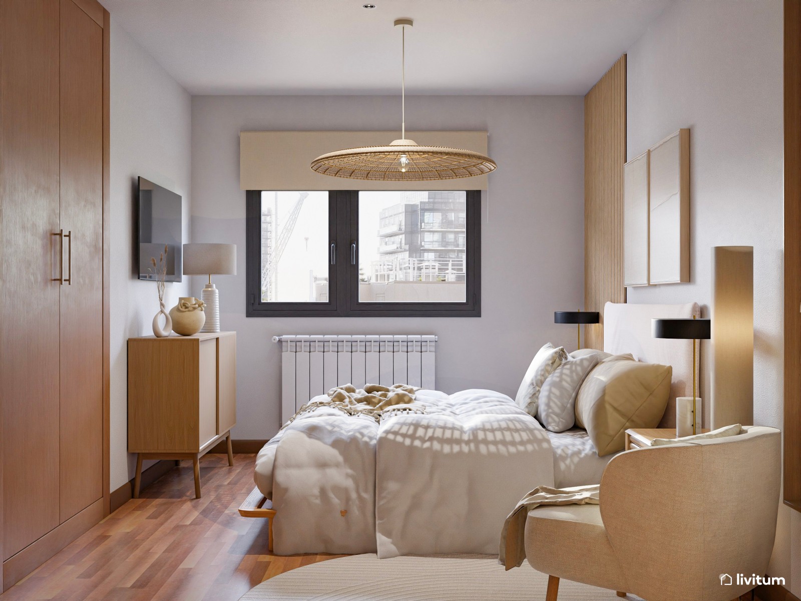 Dormitorio de estilo nórdico con listones de madera y butaca