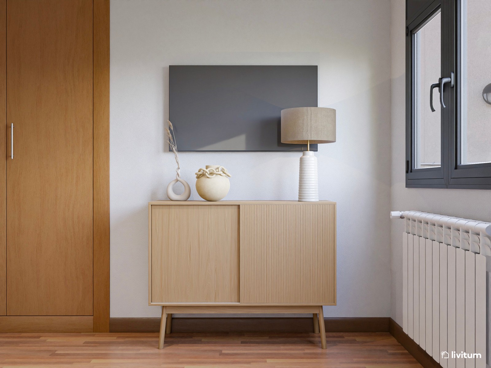 Dormitorio de estilo nórdico con listones de madera y butaca