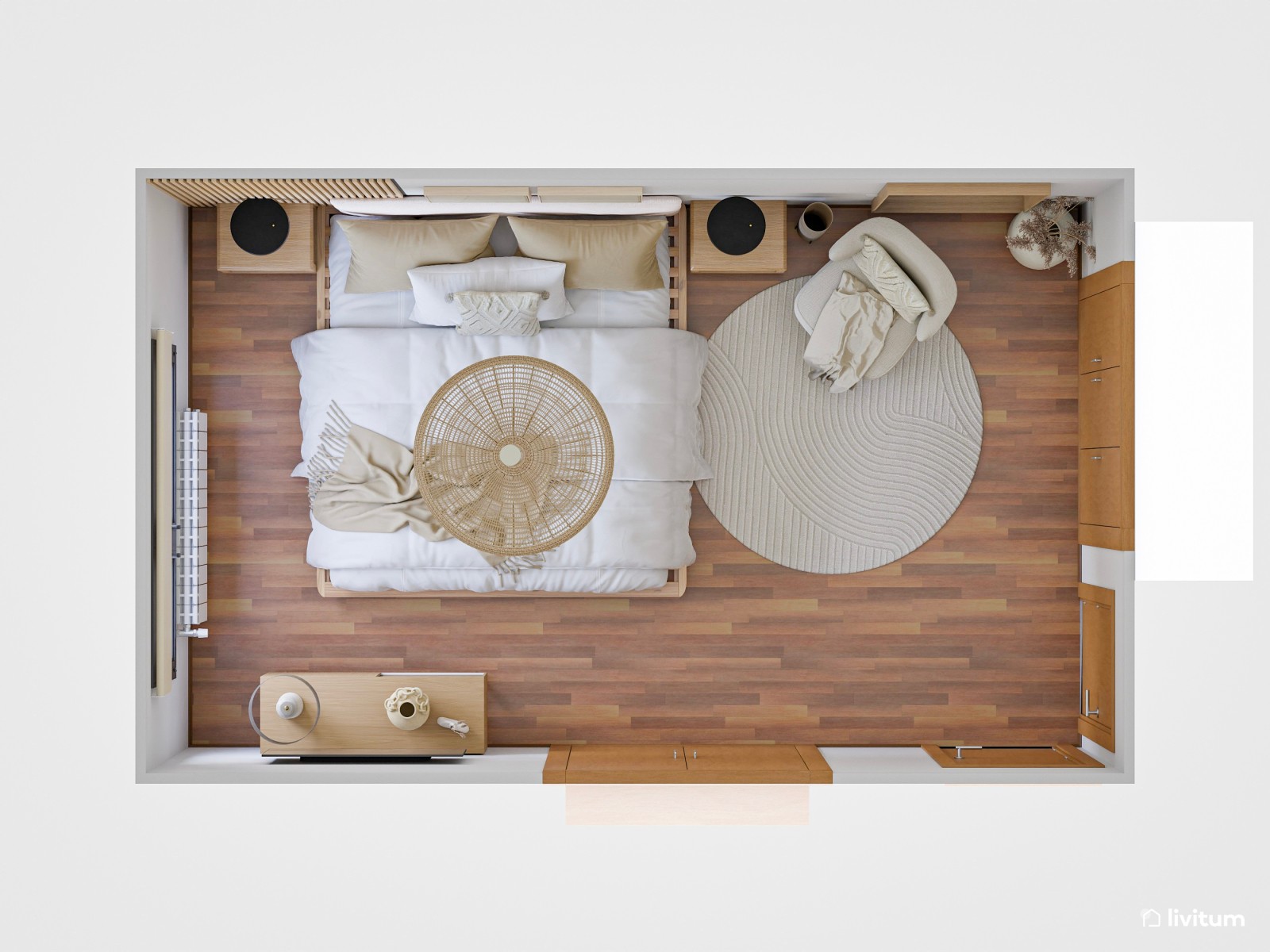 Dormitorio de estilo nórdico con listones de madera y butaca